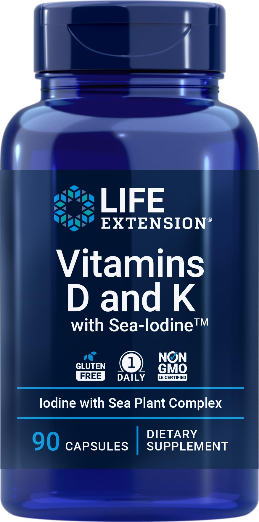 Life Extension Vitaminas D y K con Sea-Iodine, envase de 90 cápsulas para uso diario.