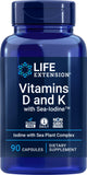 Life Extension Vitaminas D y K con Sea-Iodine, envase de 90 cápsulas para uso diario.