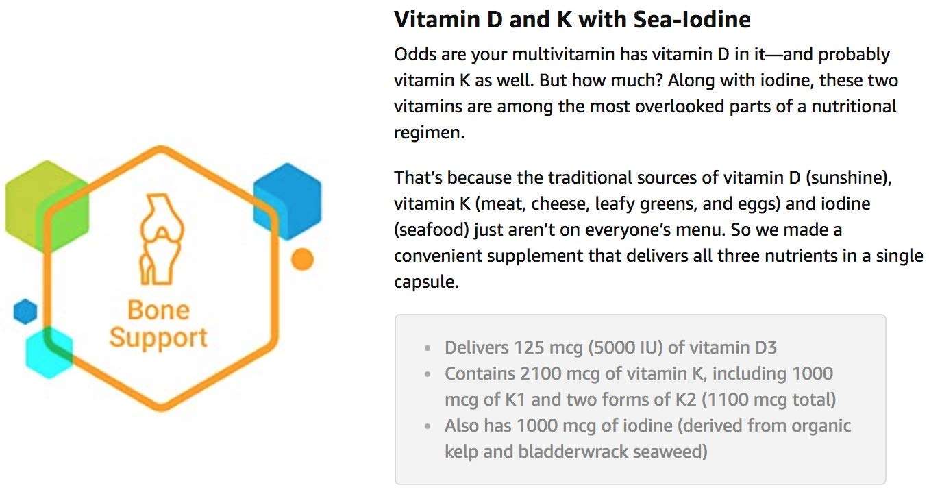 Caja Life Extension vitaminas D y K con Sea-Iodine, muestra de uso diario.