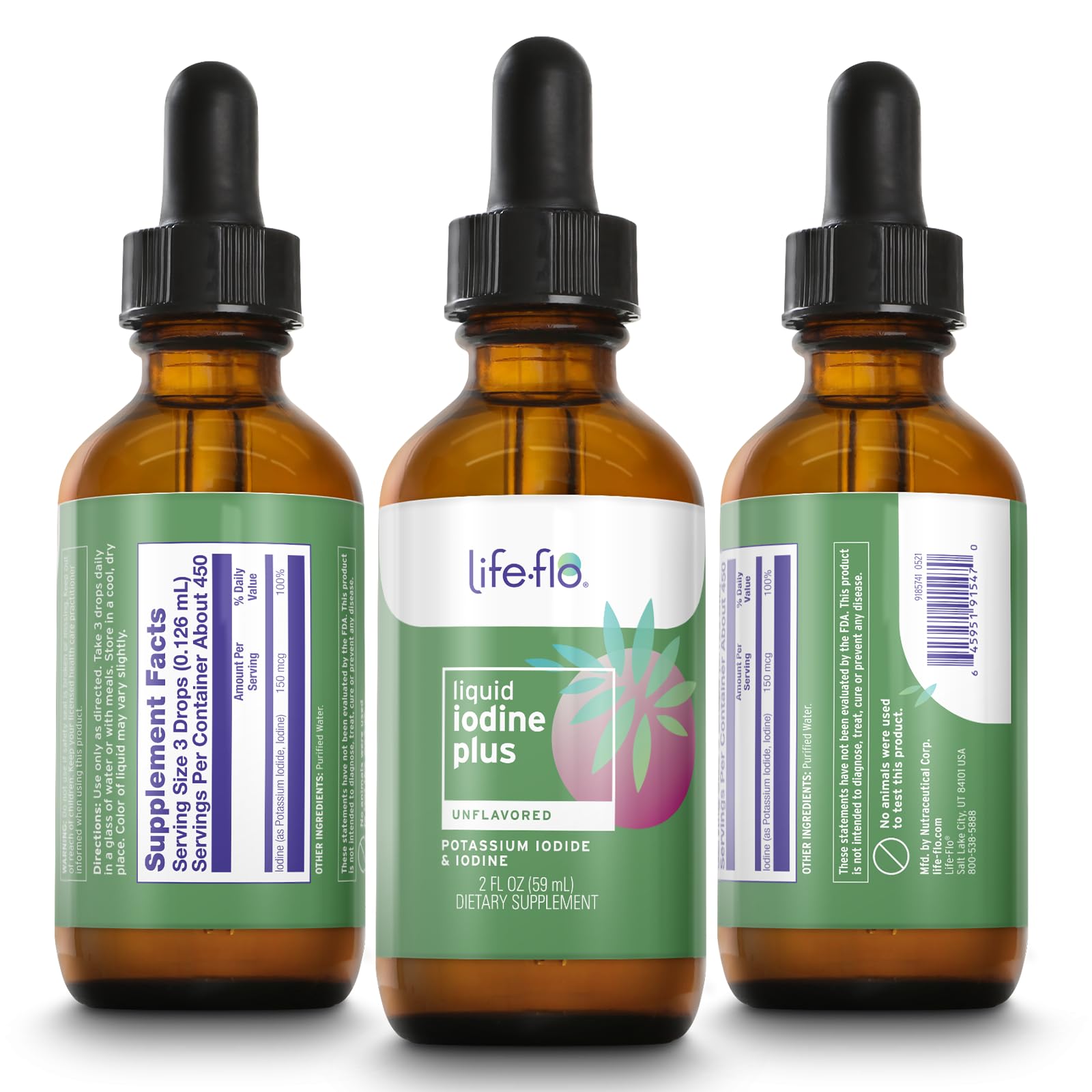 LIFE-FLO Yodo líquido 150 mcg: etiqueta frontal de producto visible.