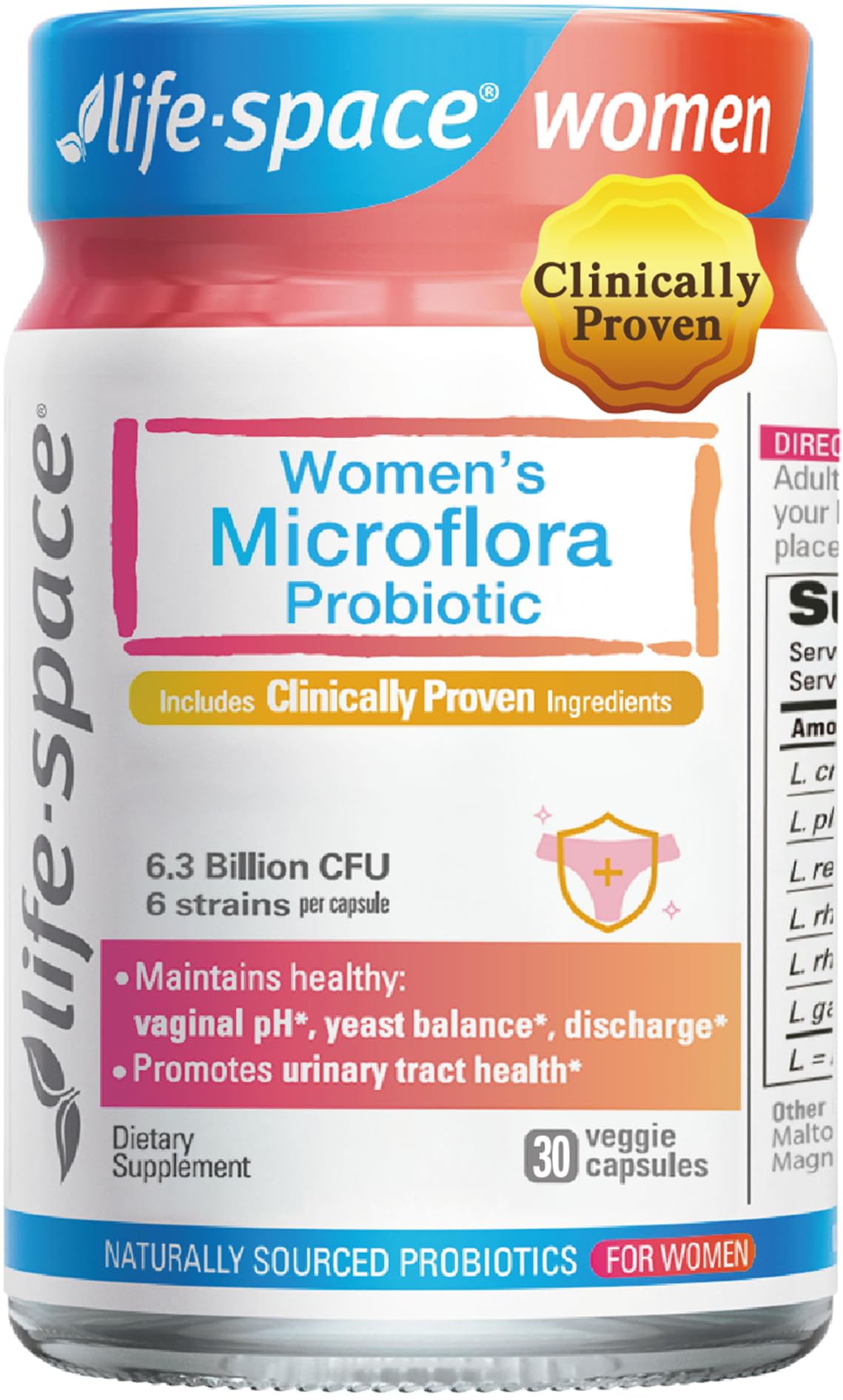 Life-Space Probiotico para mujeres, botella con cápsulas para equilibrio diario.