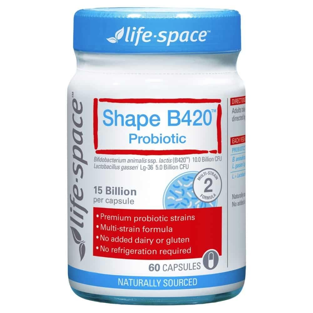 Life Space Shape B420 en primer plano de la botella, apoyo digestivo natural.