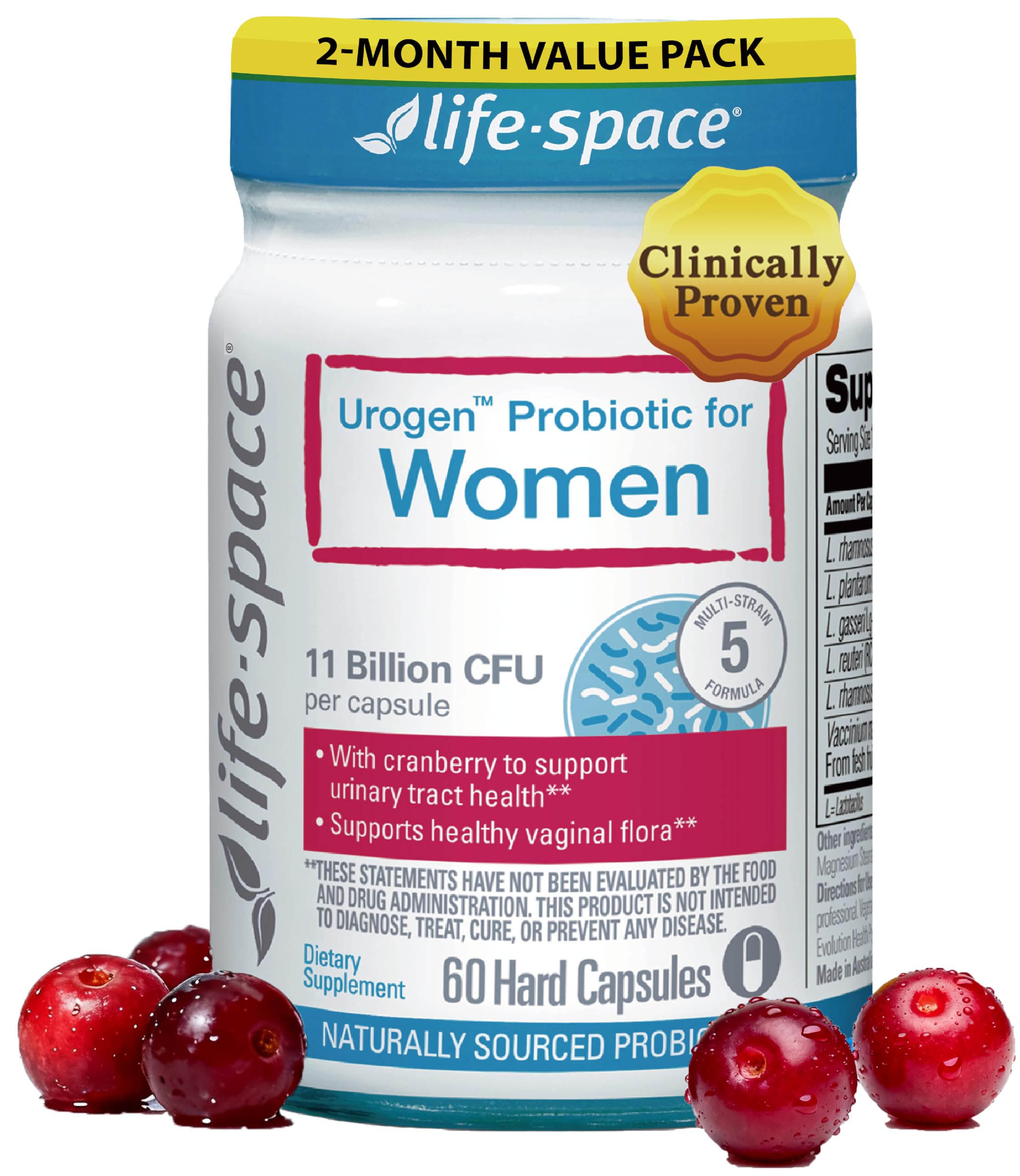 Life-Space Urogen Probiotics para mujeres, botella frontal, apoyo al equilibrio urinario y digestivo.