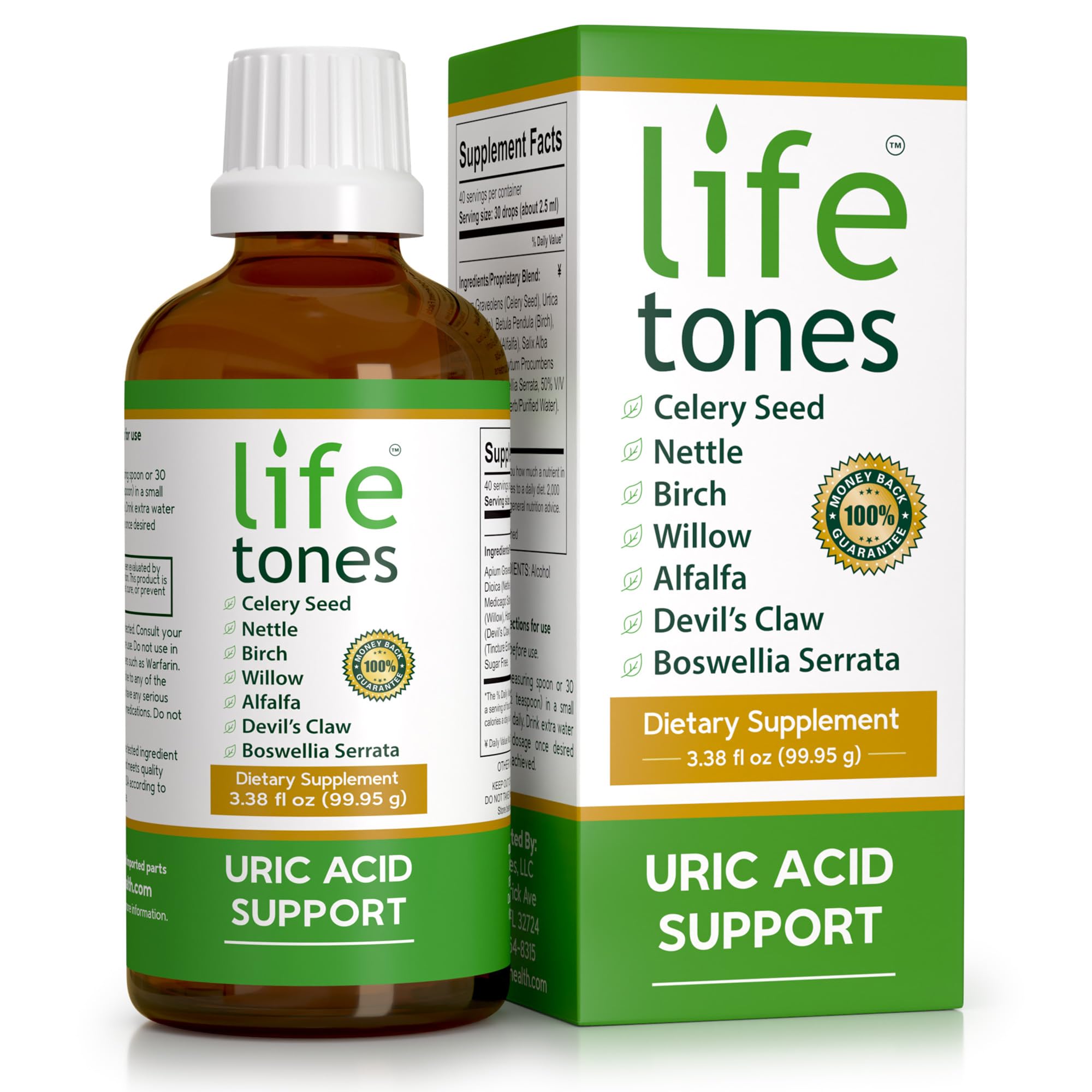 Life Tones Uric Acid Support muestra la botella para uso diario y bienestar articular.