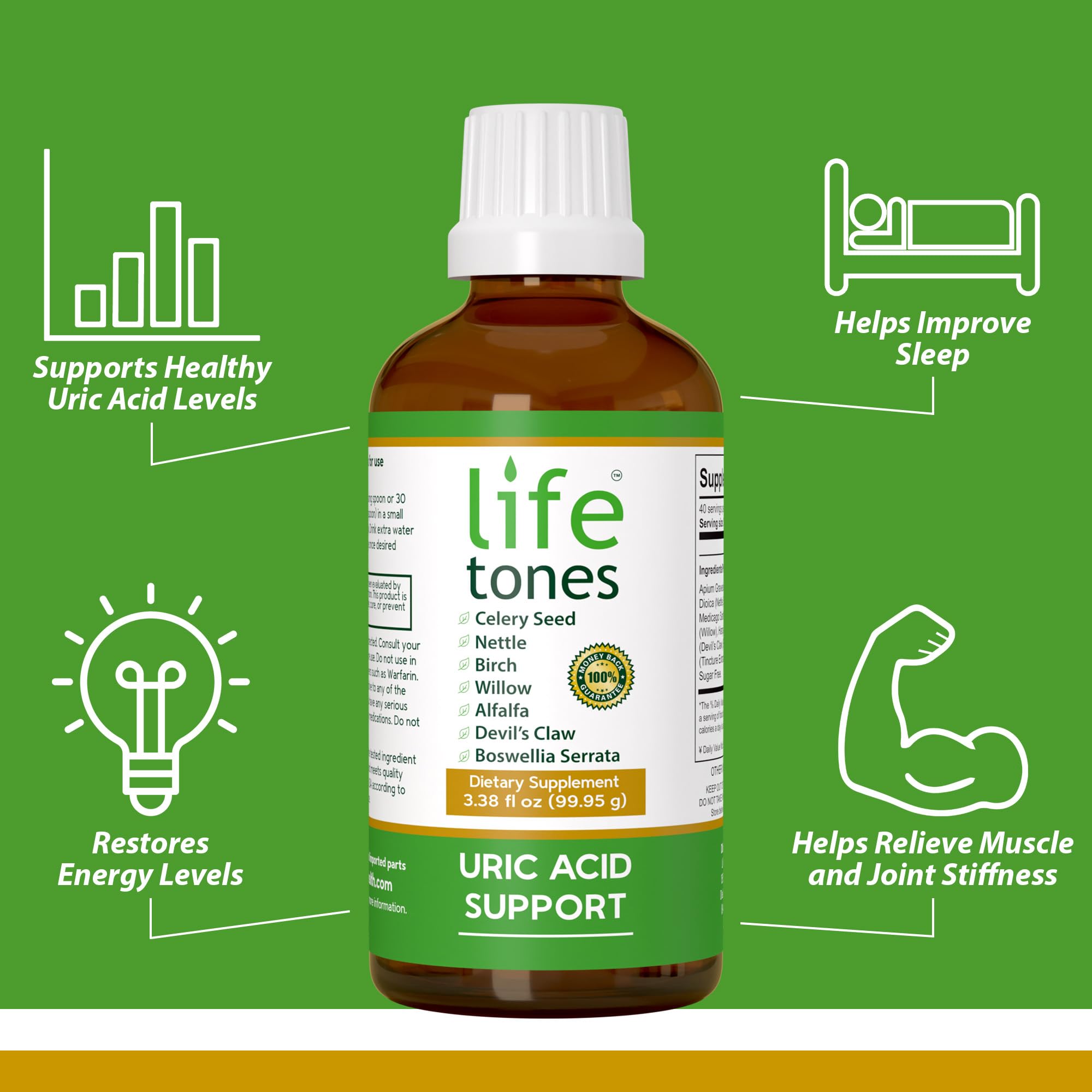 Life Tones Uric Acid Support cuentagotas en primer plano facilita dosificación precisa.