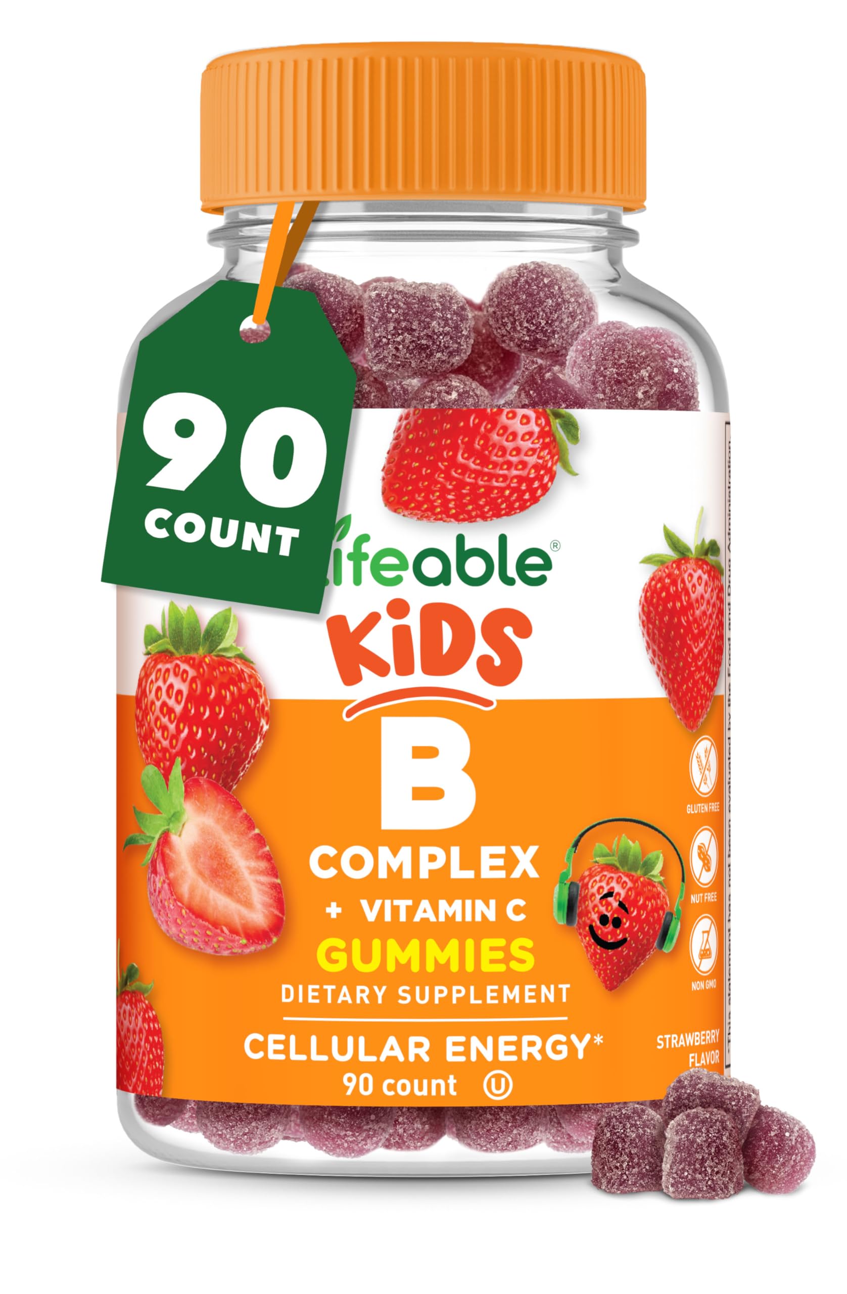 Lifeable B Complex para Niños, gomitas sabor fresa, apoyo suave de energía.