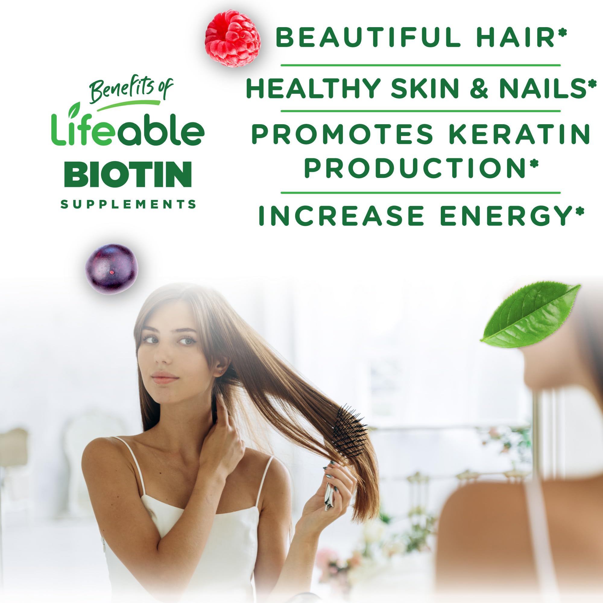Lifeable Gomitas de Biotina para uñas y cabello, sabor frambuesa