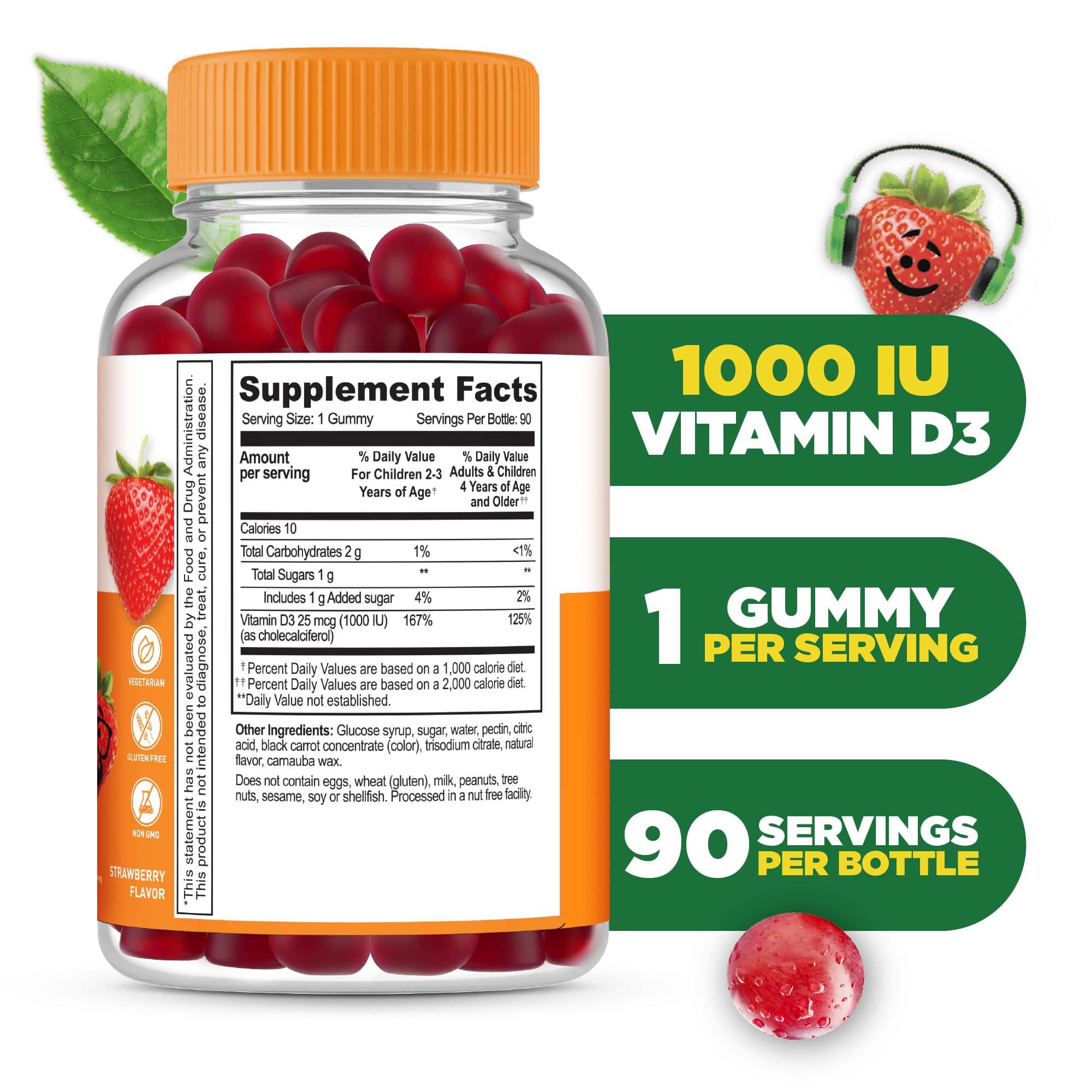 Lifeable D3 1000 UI gomitas sabor fresa, dosis diaria para niños