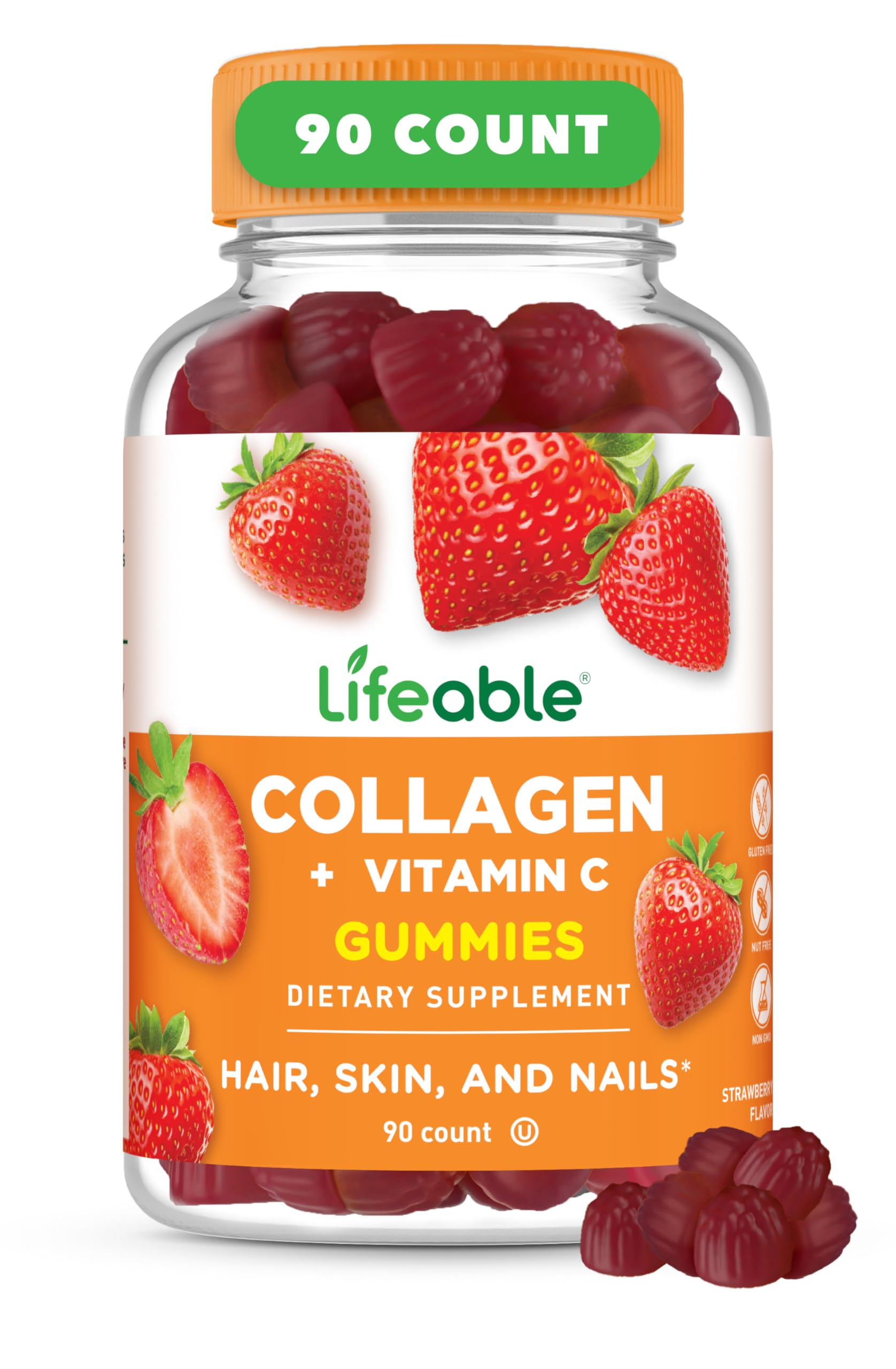 Lifeable gomitas de colágeno en frasco de 90, soporte para cabello y piel saludables.