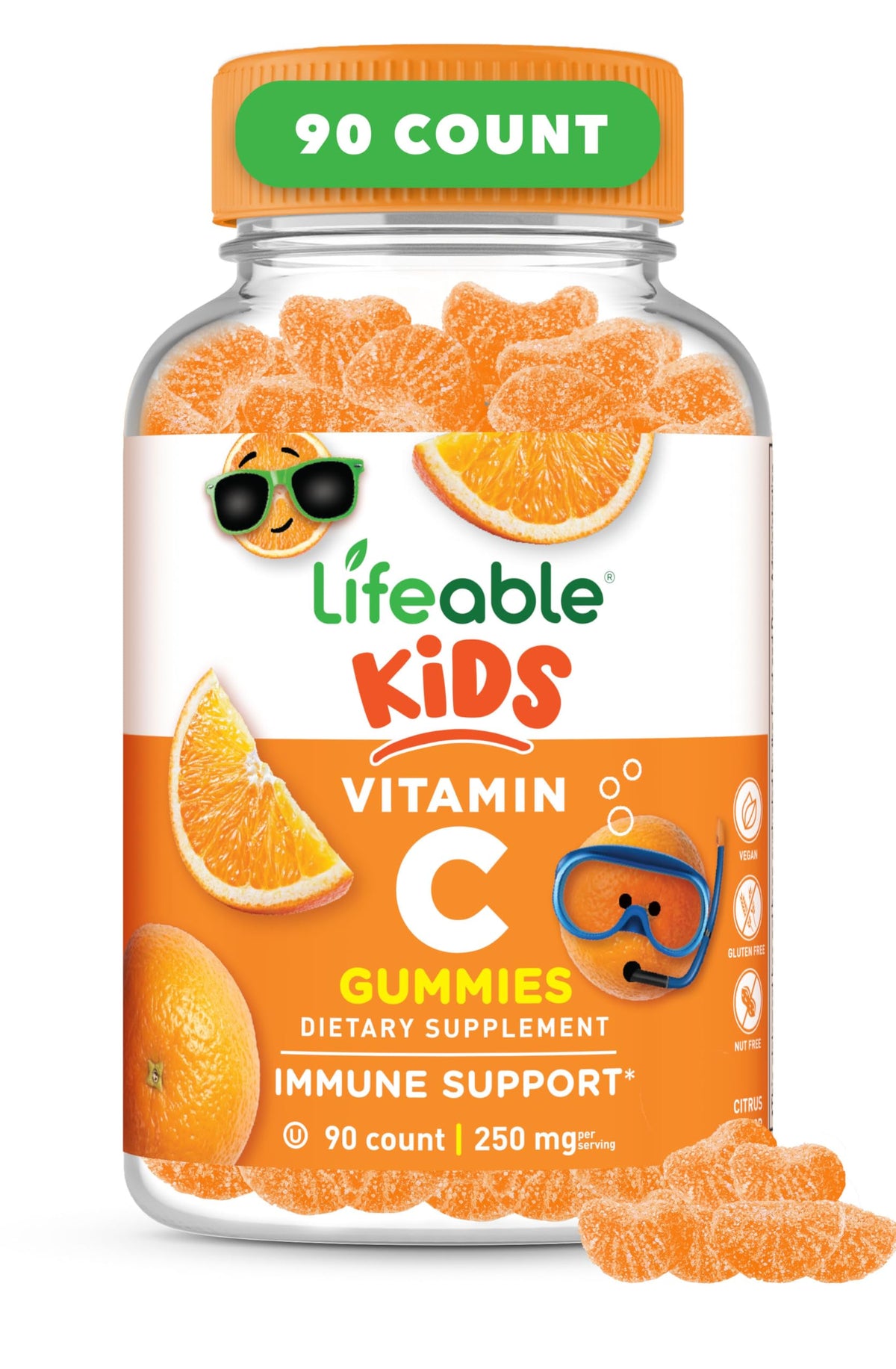 Lifeable gomitas vitamina C para niños, sabor naranja, apoyo al sistema inmune.