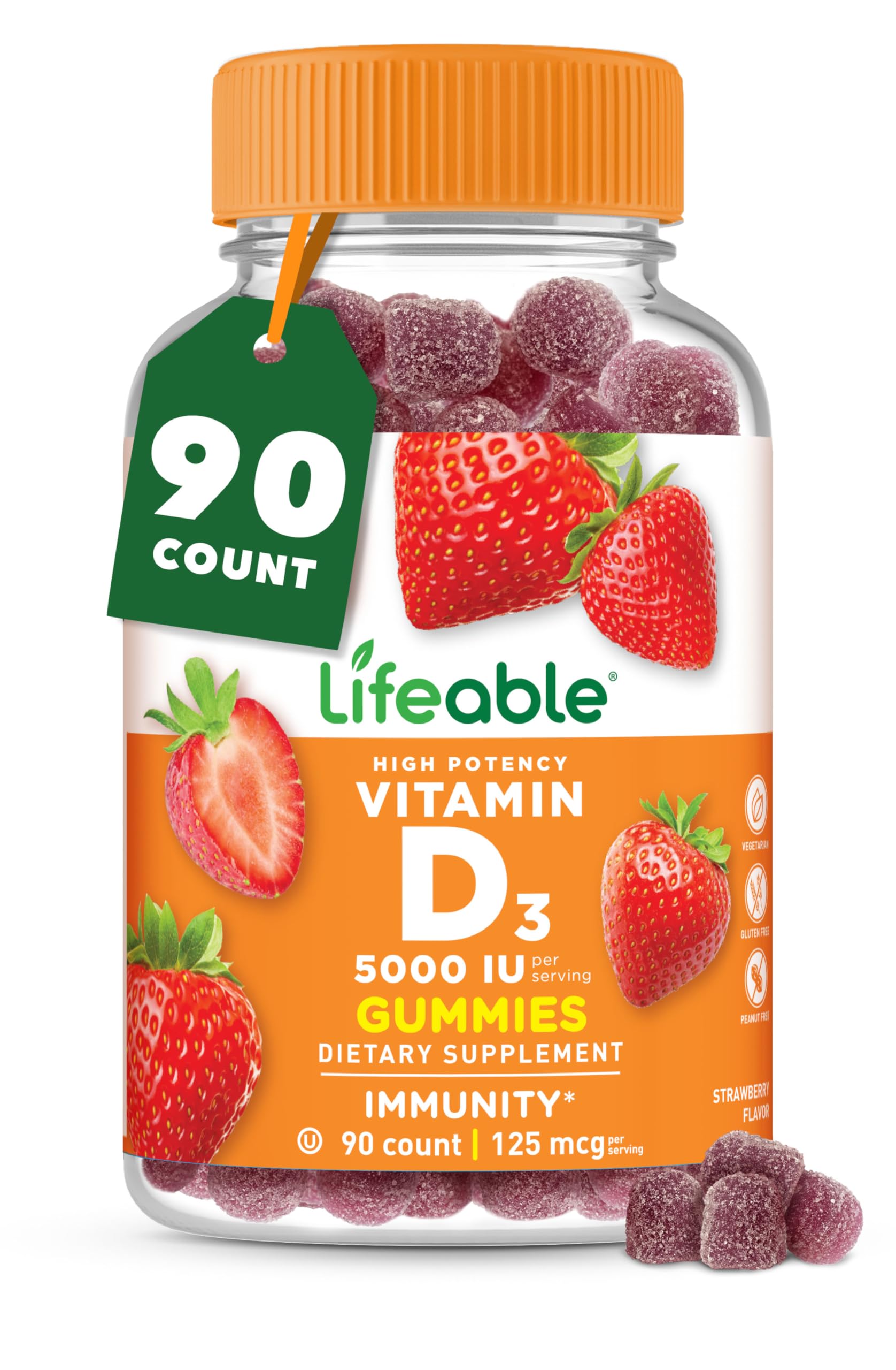 Lifeable gomitas Vitamina D 5000 UI sabor fresa para huesos e inmunidad
