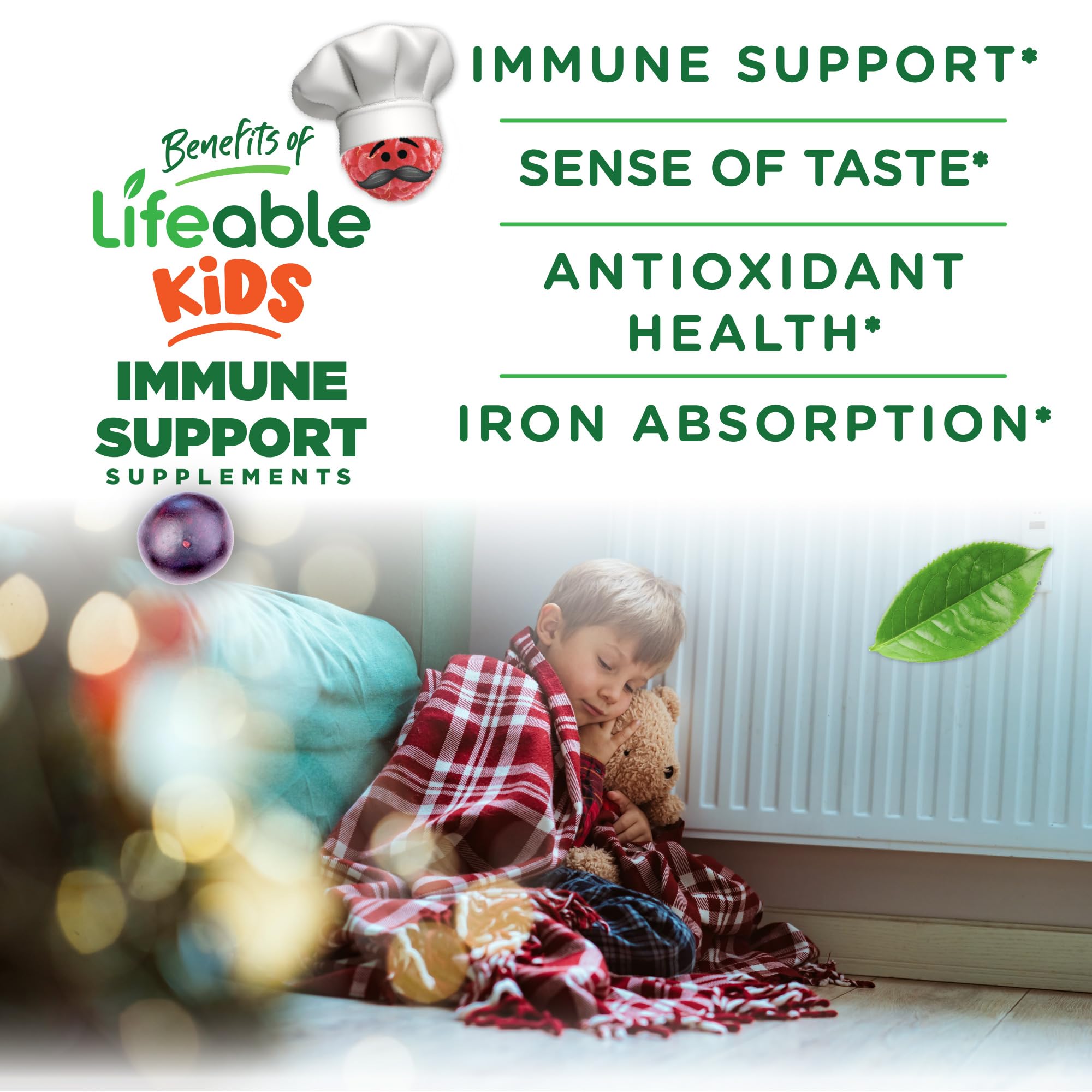 Lifeable Kids Immune Support Gummies, etiqueta clara para consumo diario y apoyo general