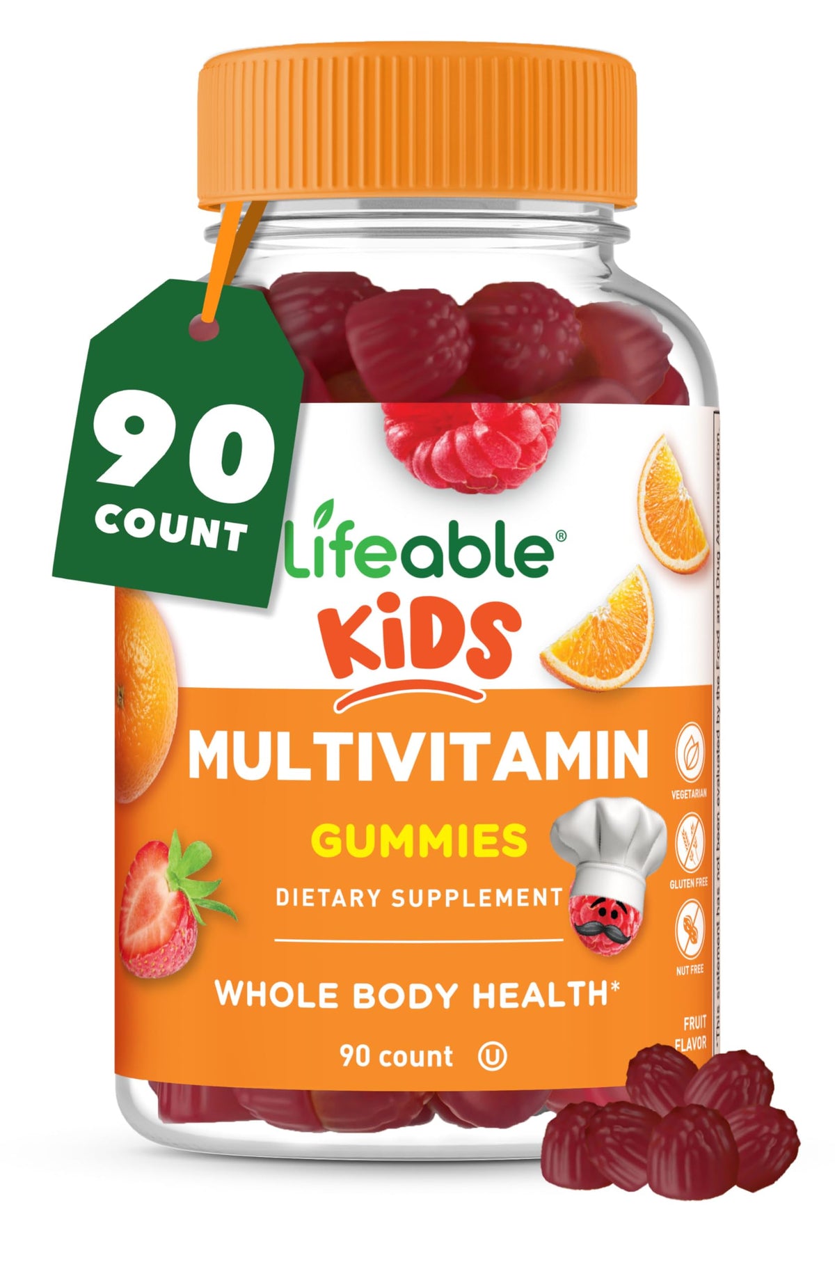 Lifeable Kids gomitas multivitamínicas, frente al bote, apoyo diario para la salud general de niños