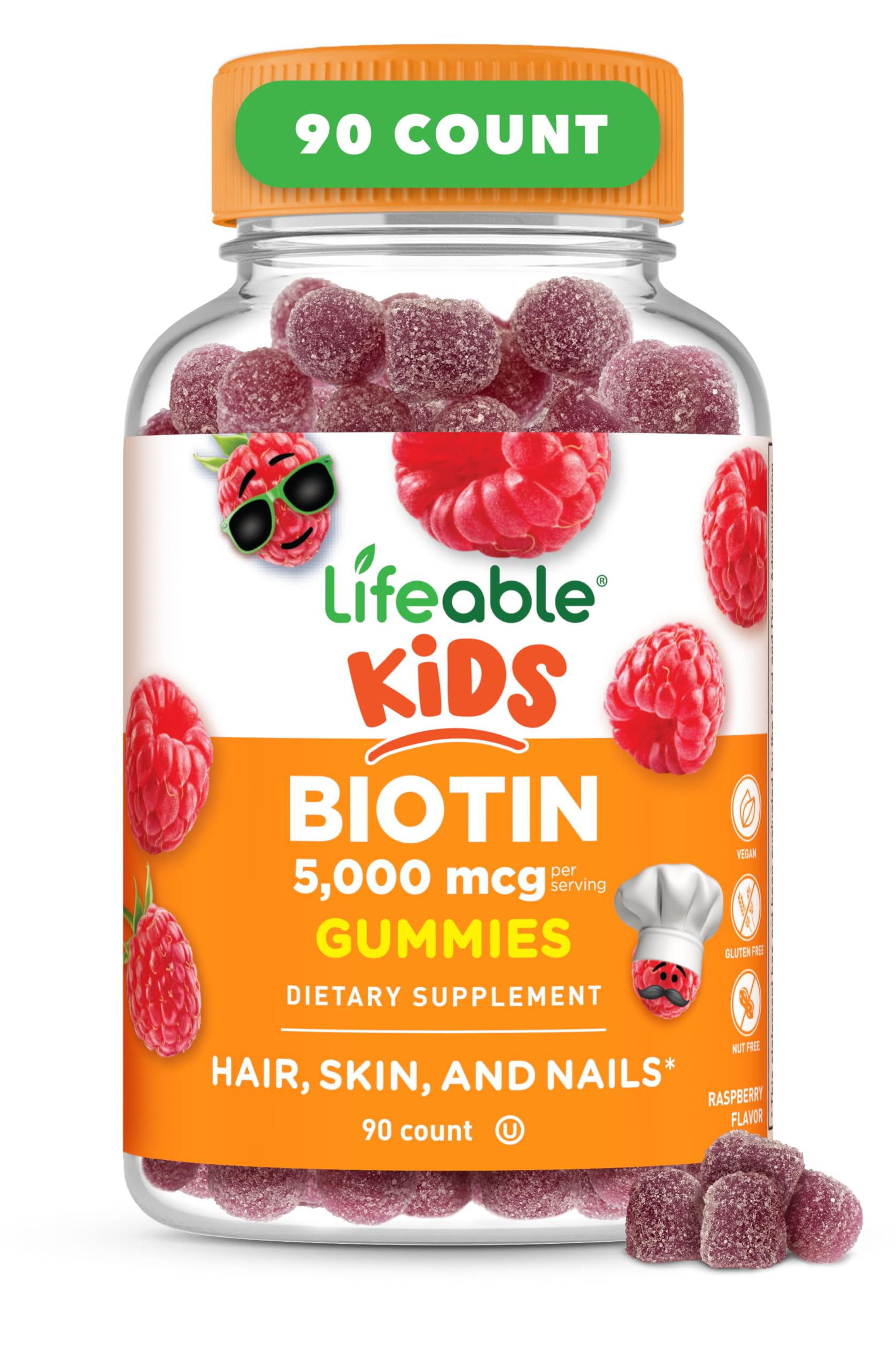Lifeable gominotas de biotina para niños, sabor frambuesa, cabello saludable.