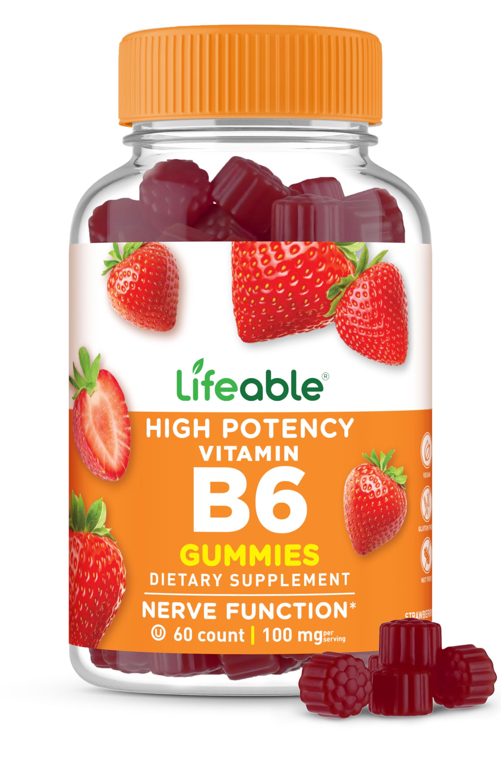 Lifeable gomitas de vitamina B6: botella visible, apoyo nervioso diario.