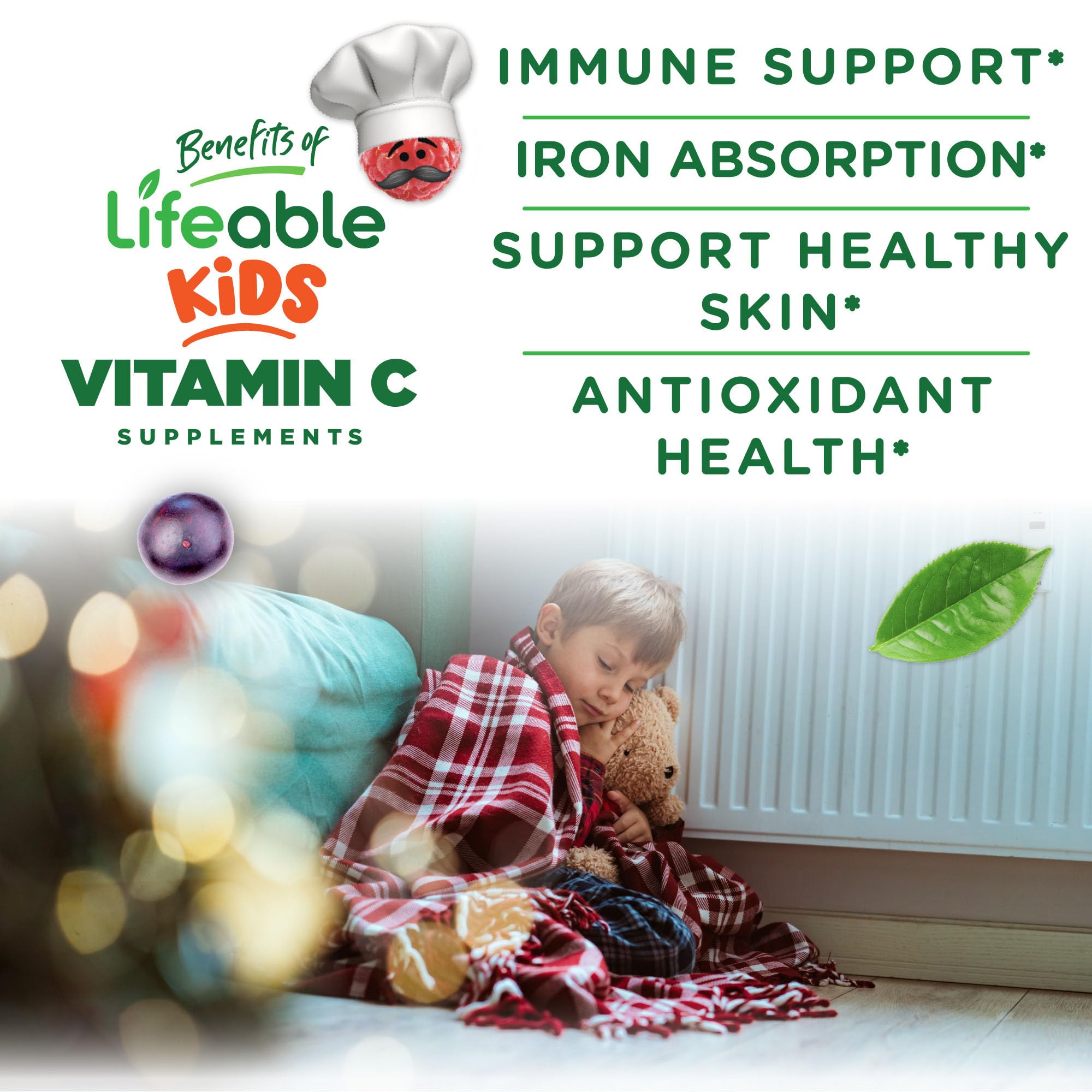 Lifeable vitamina C niños dos gomitas por porción, dosis clara para el día.