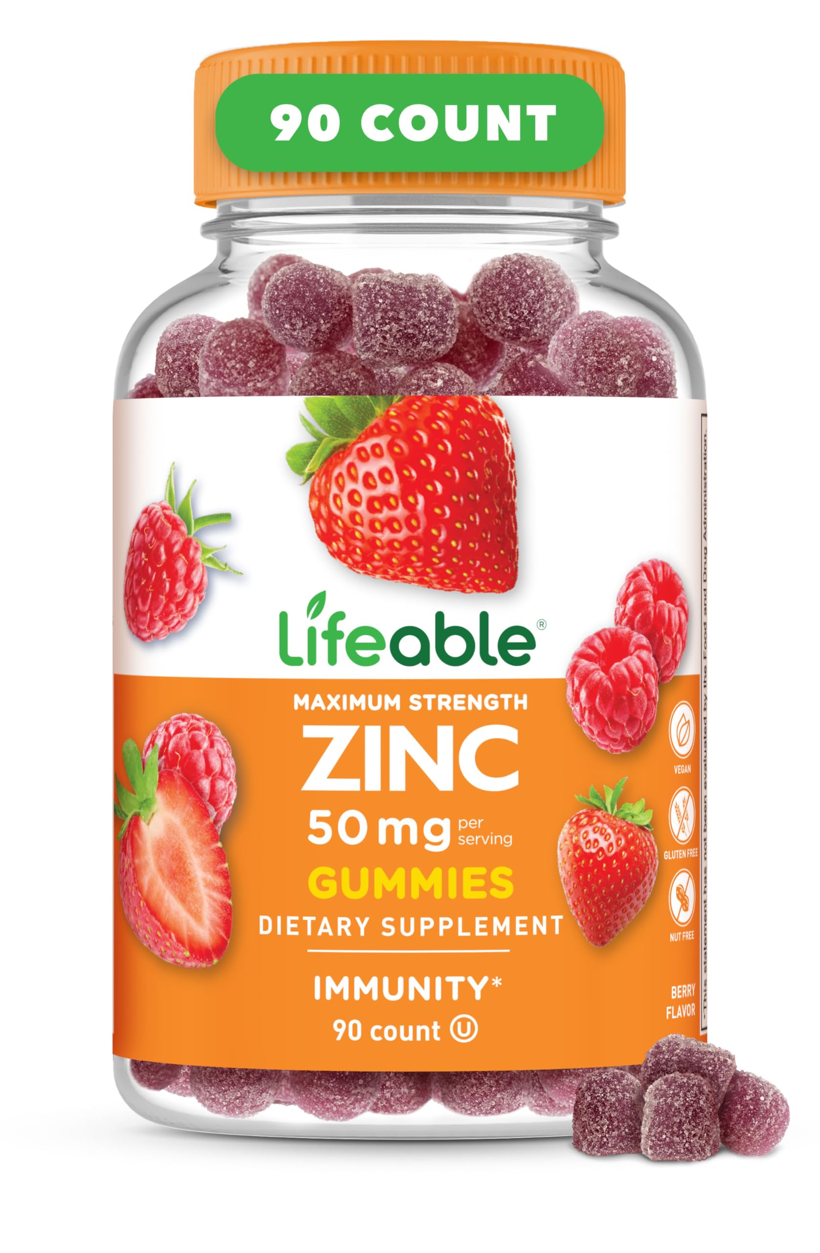 Lifeable Zinc Gummies en bote de 90 gomitas, sabor frambuesa, para apoyo al sistema inmune