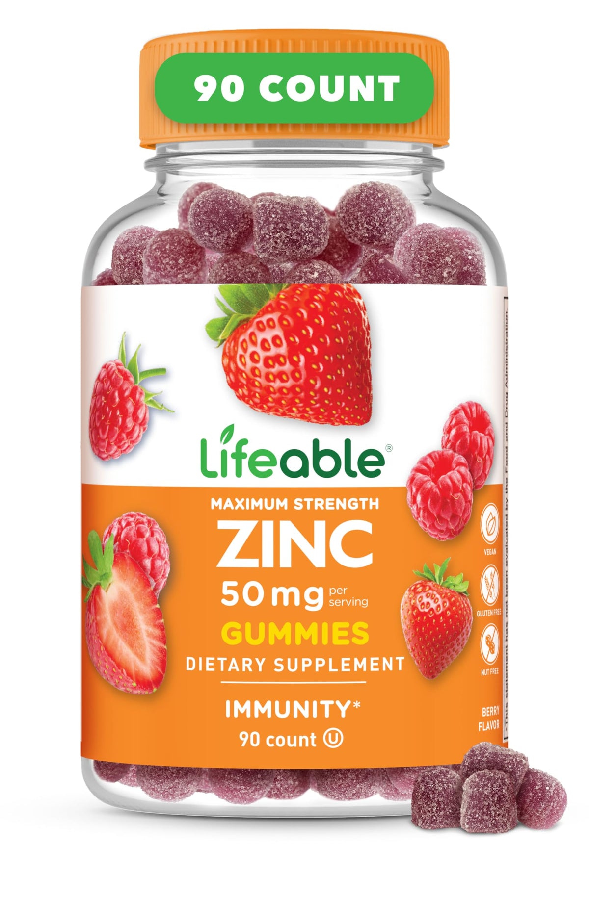Lifeable Zinc Gummies en bote de 90 gomitas, sabor frambuesa, para apoyo al sistema inmune