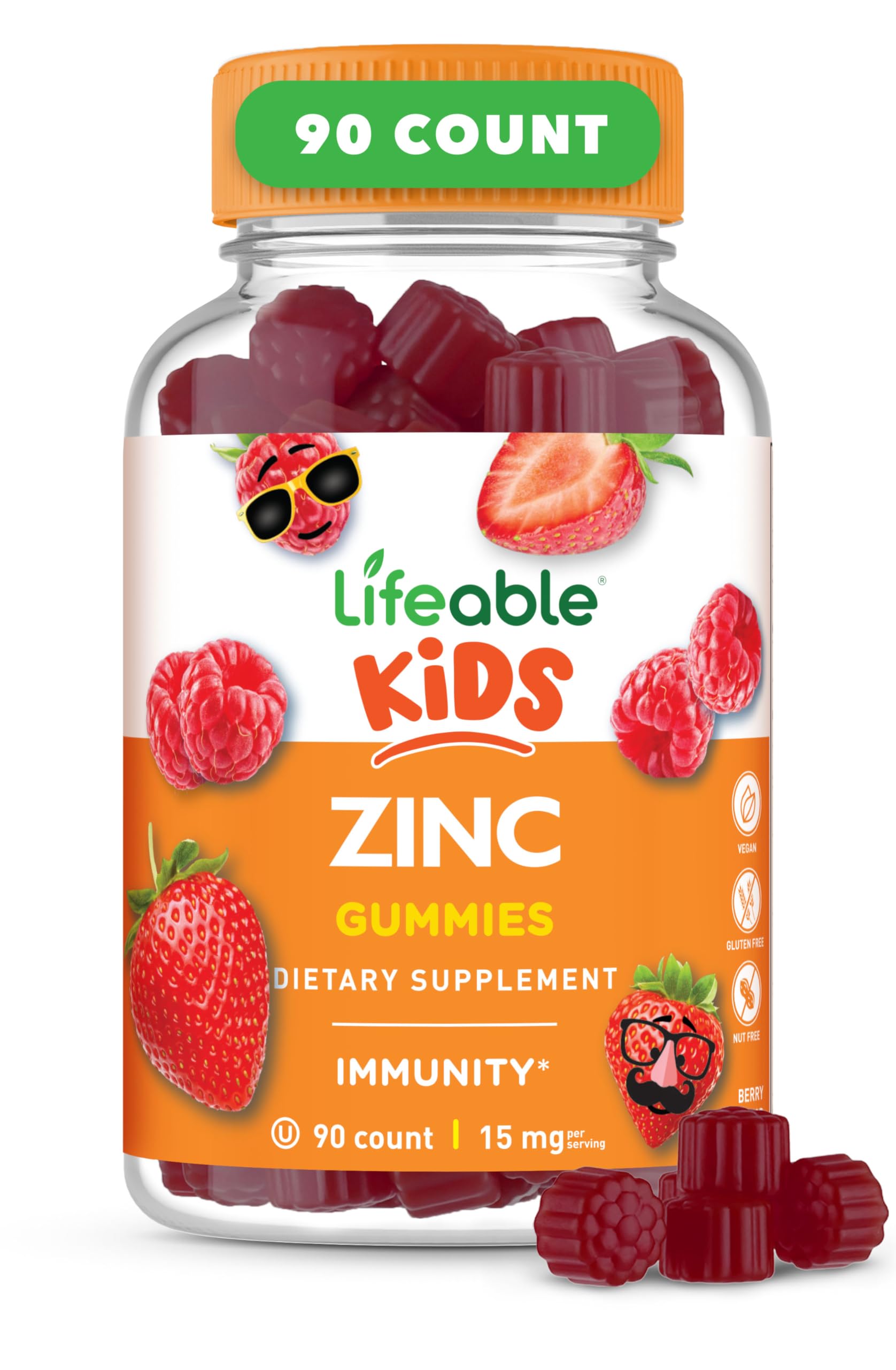 Lifeable Zinc Gummies para niños, bote-frambuesa, apoyo a la piel y defensa natural