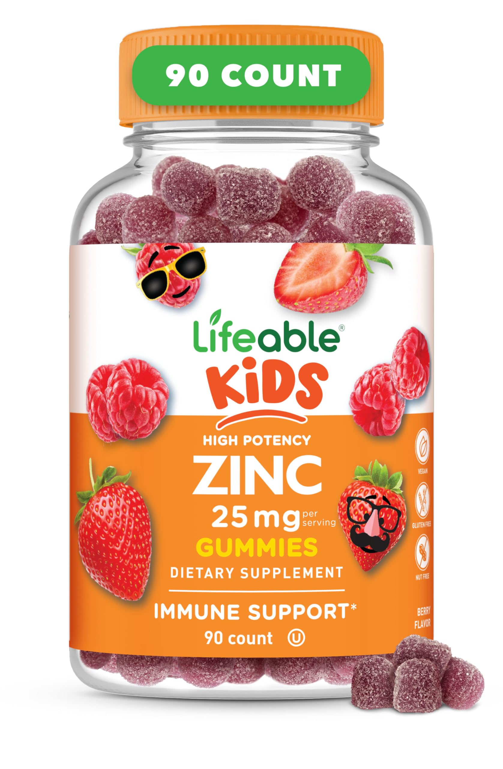 Lifeable Zinc para Niños: frascos con gomitas sabor frambuesa, dosis diaria
