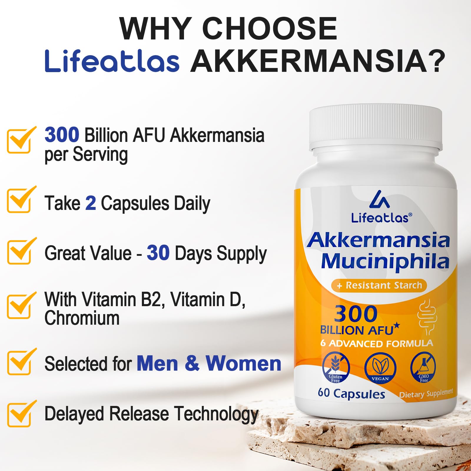 Pack de 120 cápsulas Lifeatlas Akkermansia, conveniente y estable.