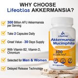Pack de 120 cápsulas Lifeatlas Akkermansia, conveniente y estable.