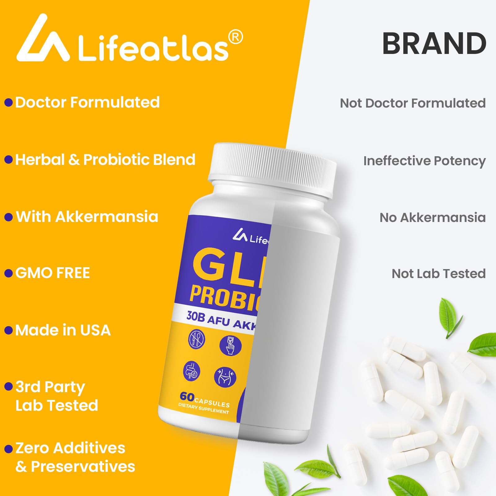 Lifeatlas GLP-l Probiotic, primer plano de cápsulas, textura suave y atractiva.