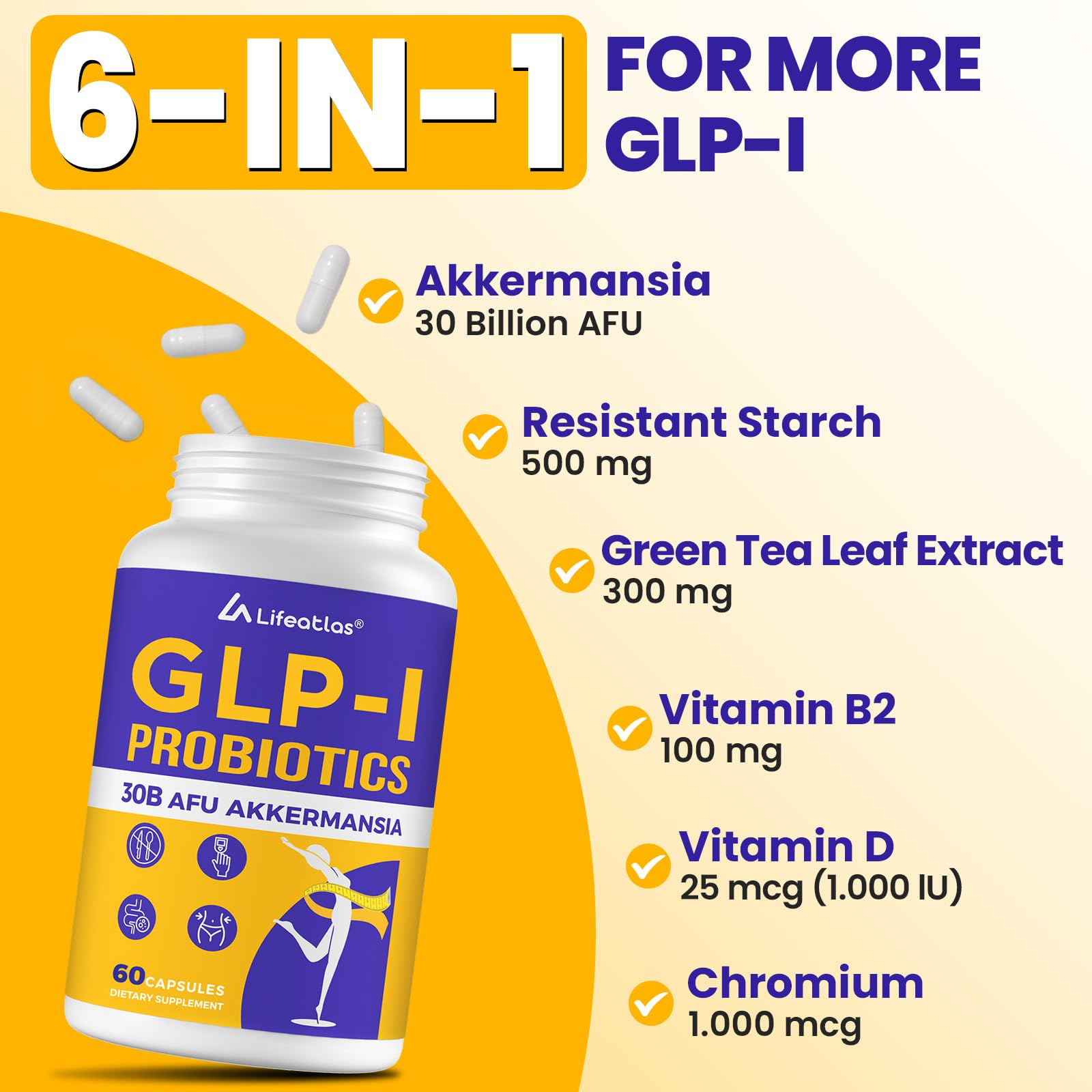 Lifeatlas GLP-l Probiotic, etiqueta clara con información de producto.