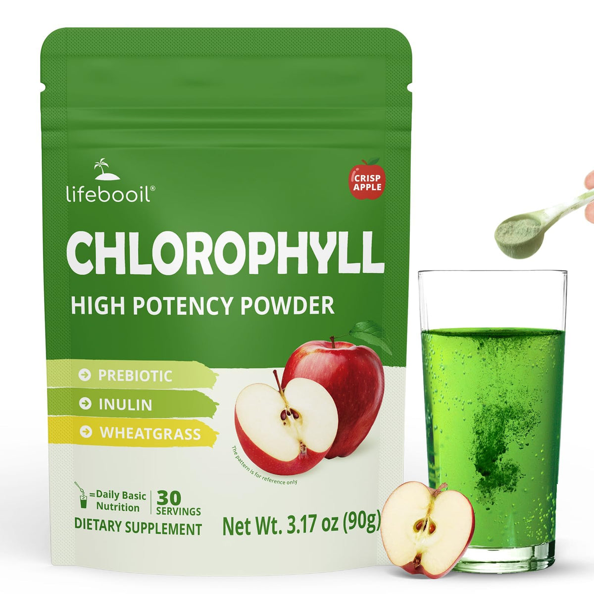 Lifebooil Clorofila en Polvo en botella, fuente natural de clorofila para bebidas refrescantes.