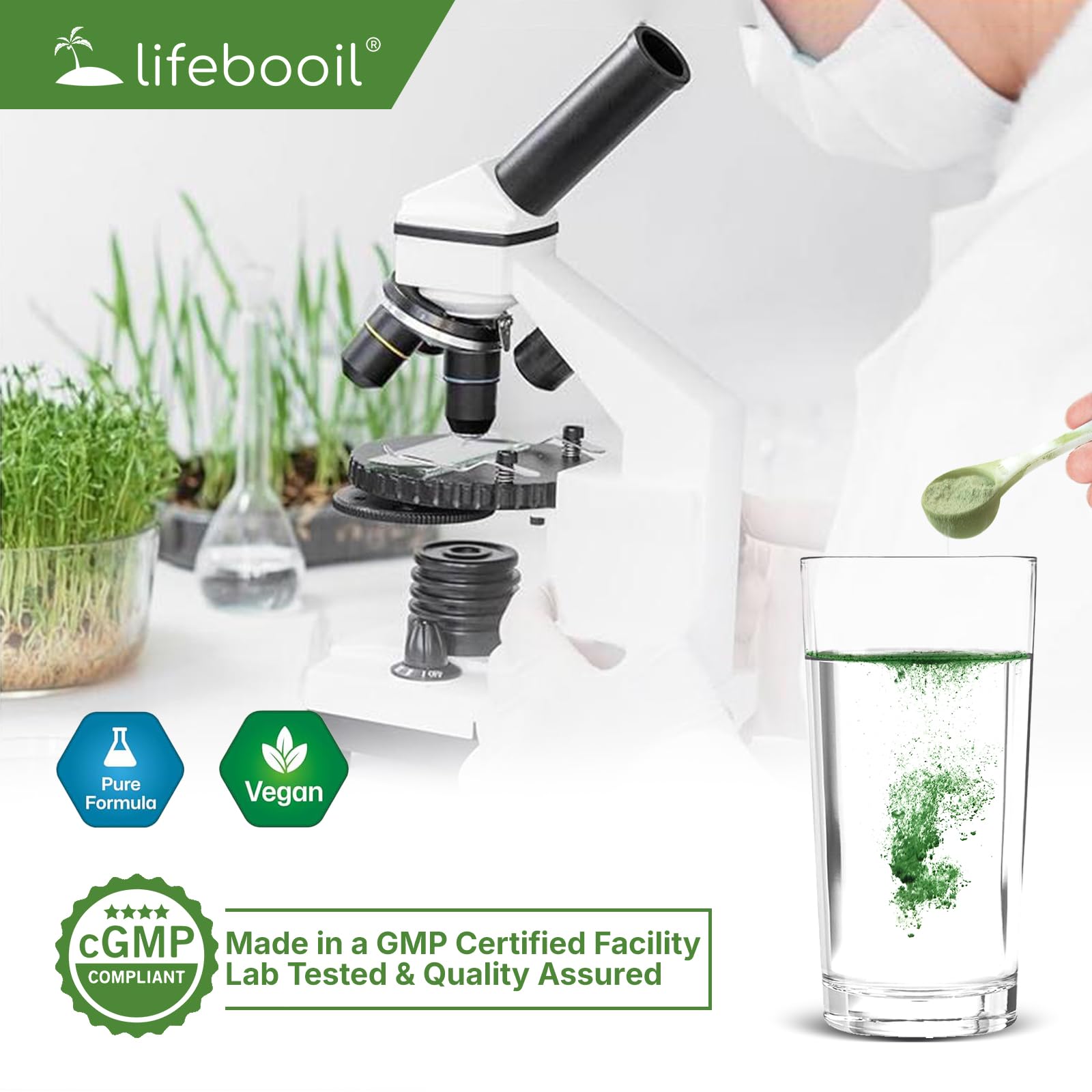 Lifebooil Clorofila en Polvo, mezcla con sabor a manzana crujiente.