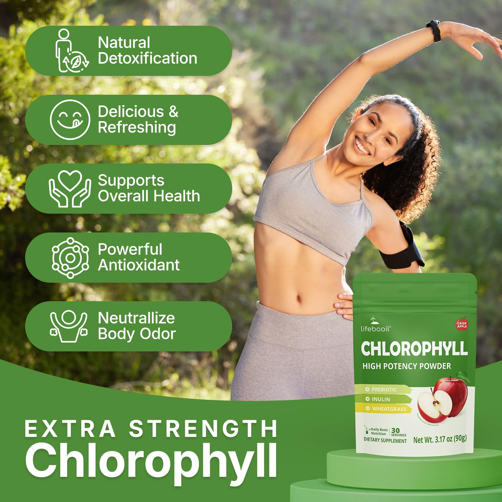Lifebooil Clorofila en Polvo, vaso con agua verde para una bebida revitalizante.