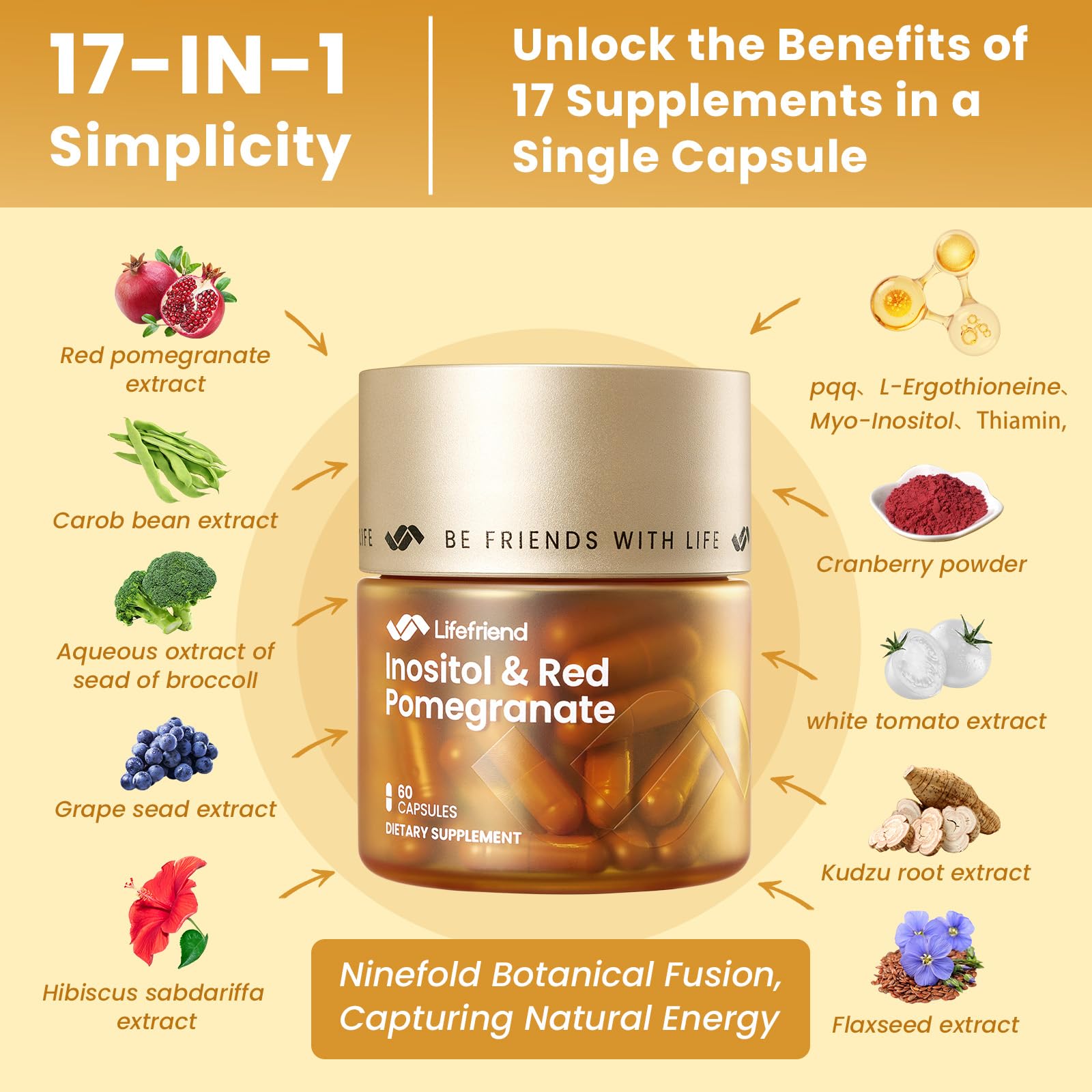 LIFEFRIEND ingredientes 17-en-1 para vitalidad femenina y equilibrio.