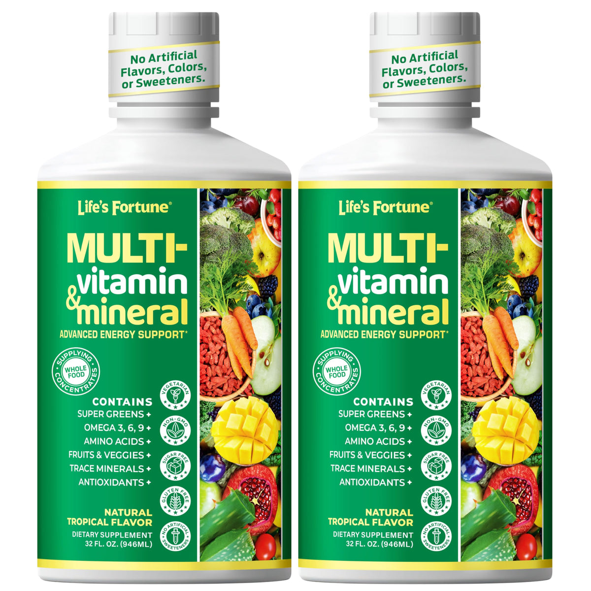 Botella de Life's Fortune multivitamínico líquido con sabor tropical para energía diaria