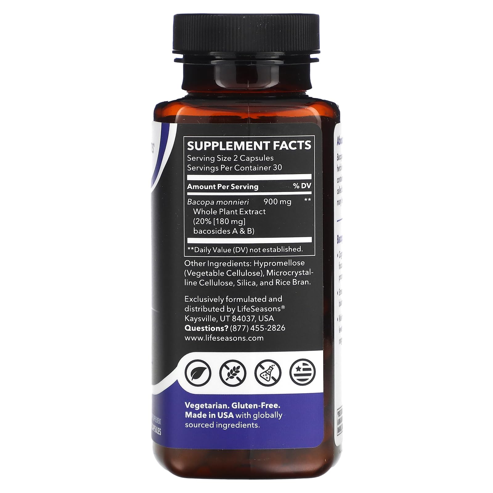 LifeSeasons Bacopa Extract 900 mg cápsulas vegetales para memoria y enfoque diario.