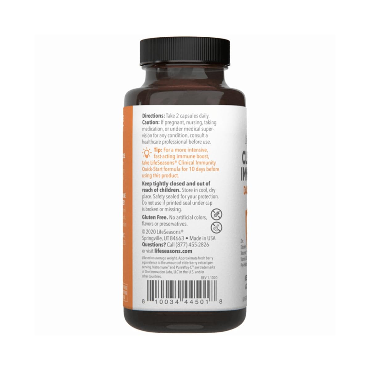 LifeSeasons Clinical Immunity Daily Boost: ingredientes clave como saúco, C y zinc para defensa diaria.
