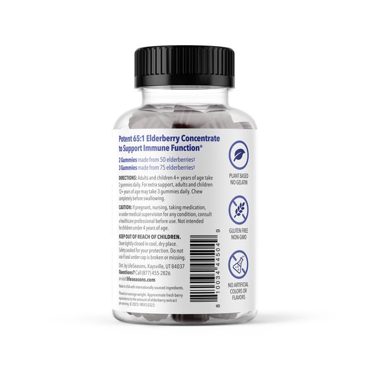 LifeSeasons Clinical Immunity gomitas, etiqueta clara con ingredientes y beneficios