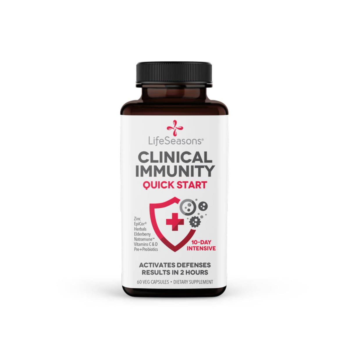 LifeSeasons Clinical Immunity Quick-Start cápsulas en frasco para apoyo al sistema inmune.