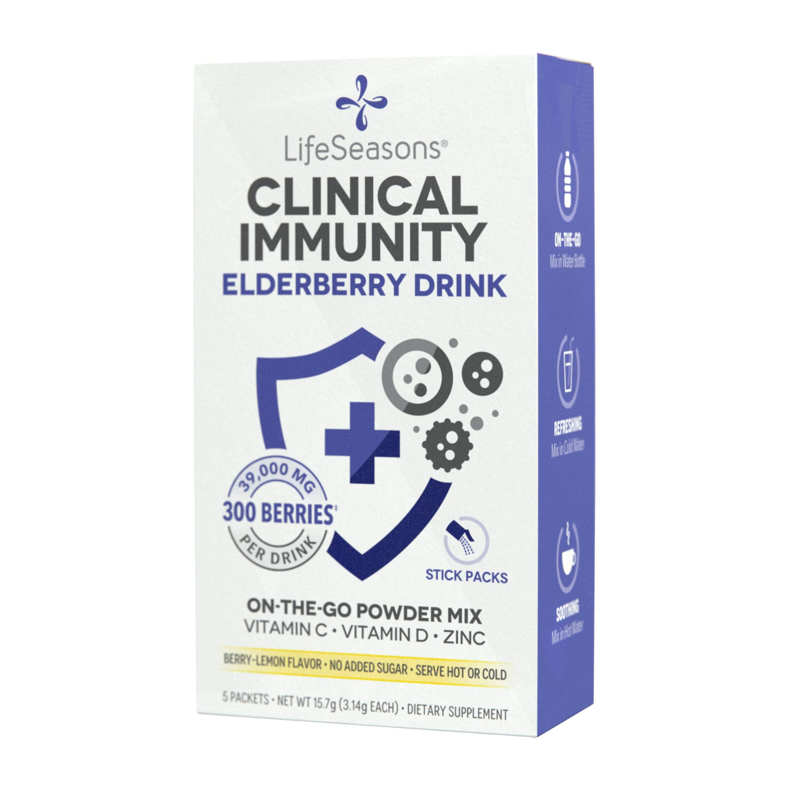 LifeSeasons Clinical Immunity sobre mezcla de saúco para apoyar defensas iniciales.