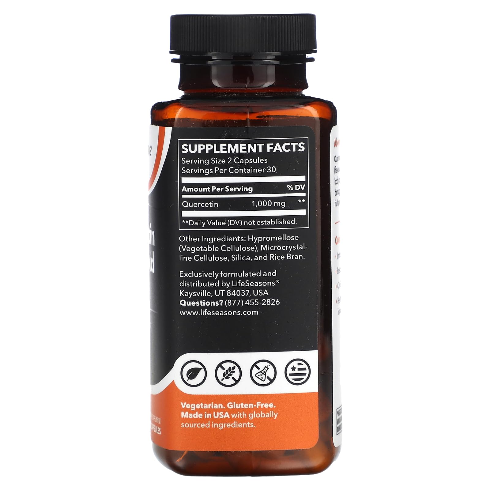 LifeSeasons Essentials Quercetina Flavonoide: etiqueta de la botella, ideal para apoyo estacional