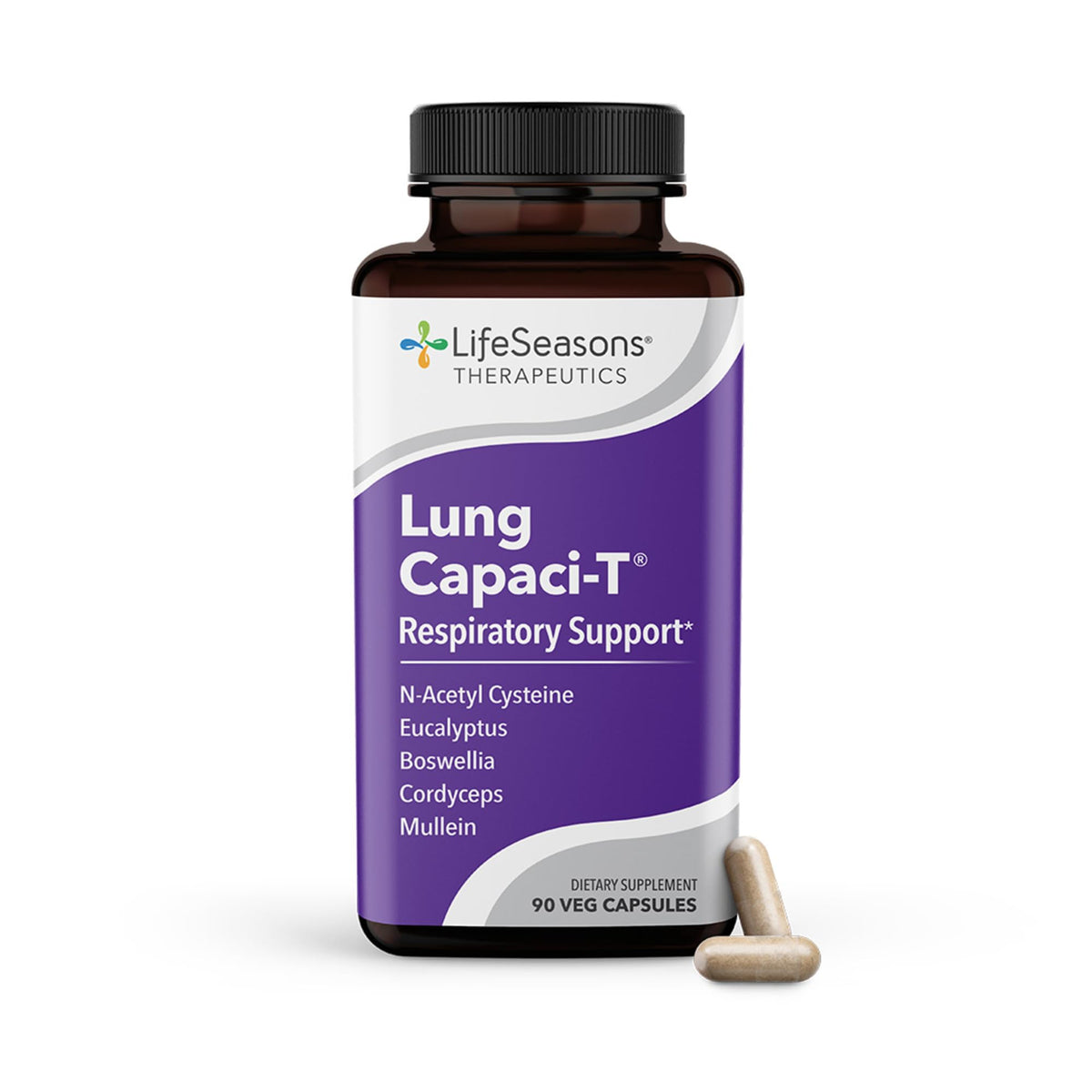 LifeSeasons Lung Capaci-T: botella que ilustra apoyo respiratorio natural para respirar con mayor comodidad.