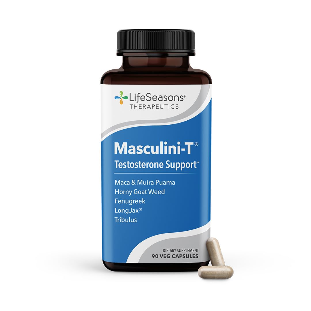 LifeSeasons Masculini-T: botella visible con cápsulas para apoyo diario a la vitalidad.