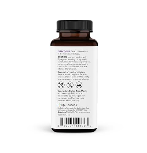 Botella LifeSeasons NeuroQ con 60 tabletas y etiqueta legible