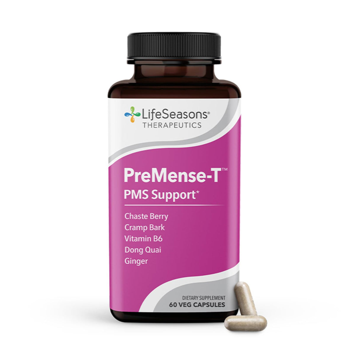 LifeSeasons PreMense-T frasco de cápsulas para apoyo al ciclo menstrual.