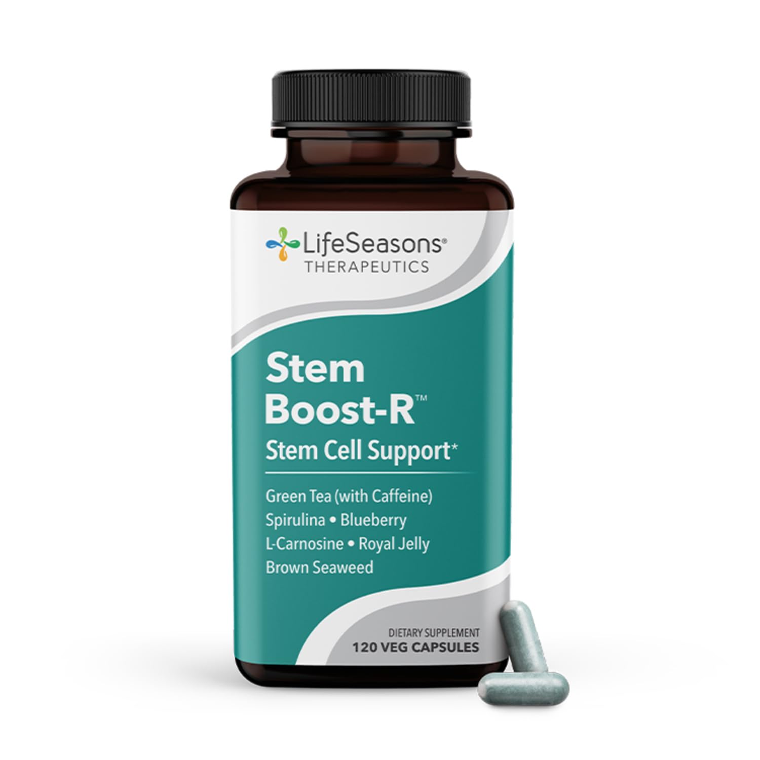 LifeSeasons Stem Boost-R botella: posible apoyo a la salud celular gracias a antioxidantes.