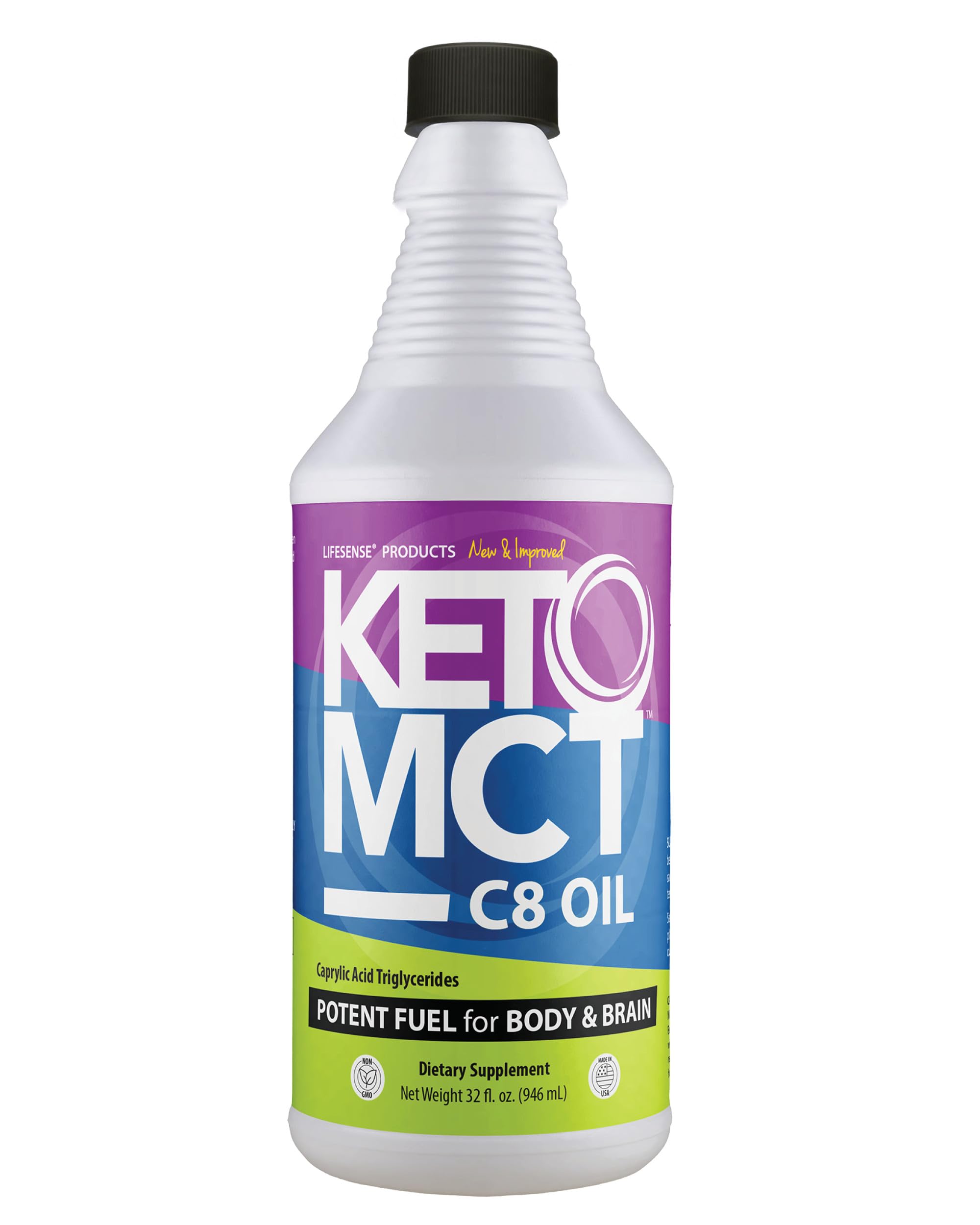 LIFESENSE C8 MCT Aceite, botella frontal, energía estable para el día.