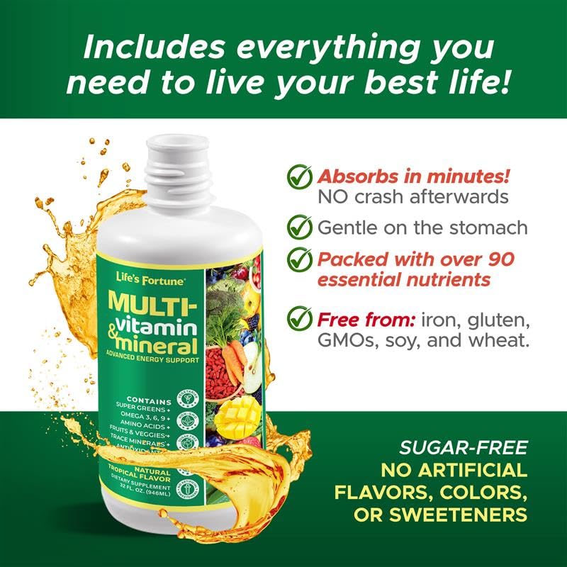 Life's Fortune muestra absorción rápida de vitaminas y minerales en líquido.