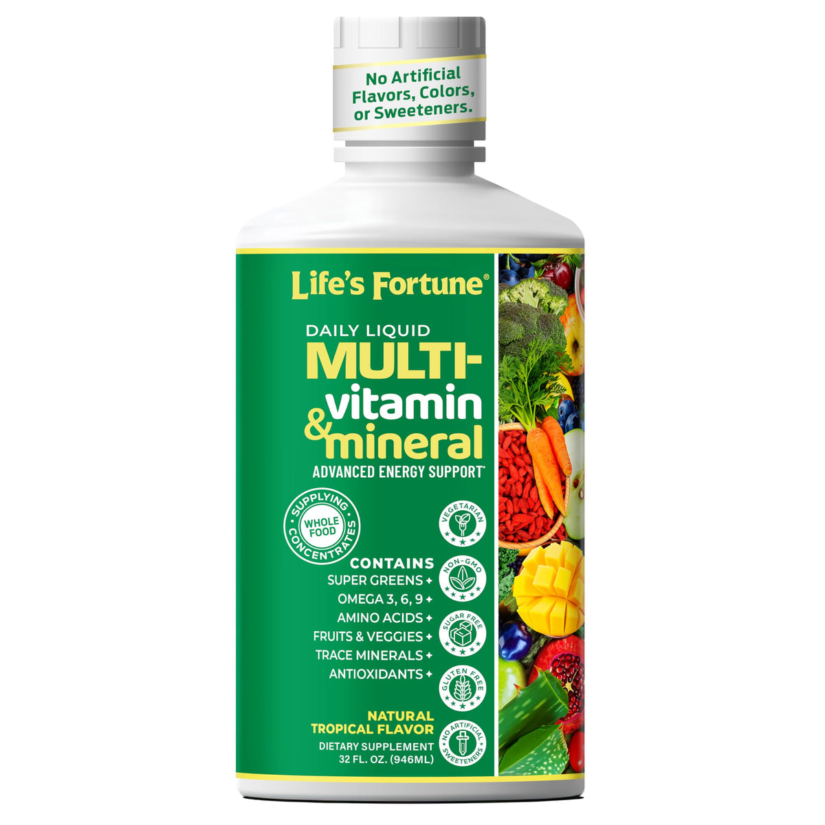 Life's Fortune multivitaminas líquidas en botella con sabor tropical para apoyo diario.