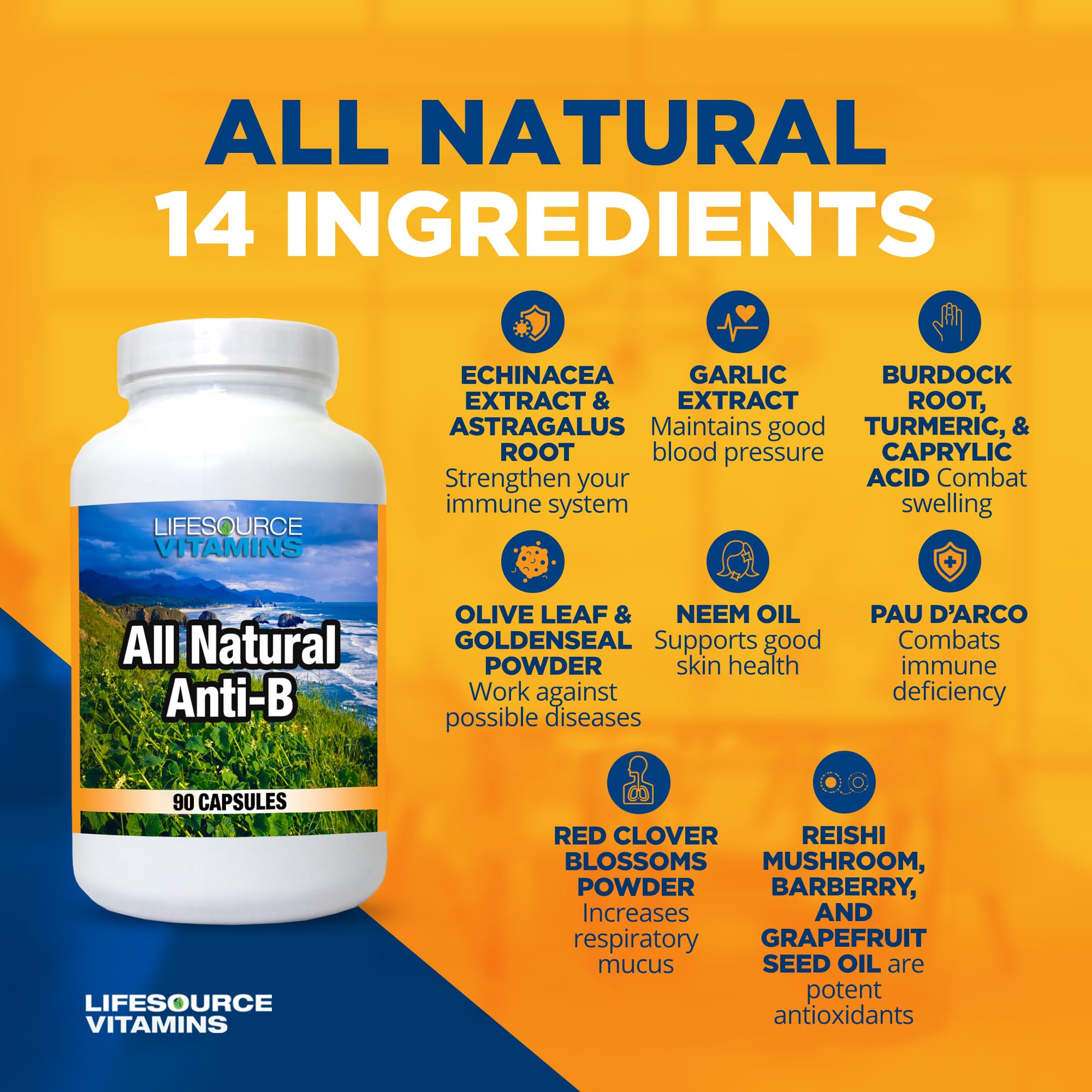 LifeSource Anti-B: extracto de equinacea destacado en la etiqueta.