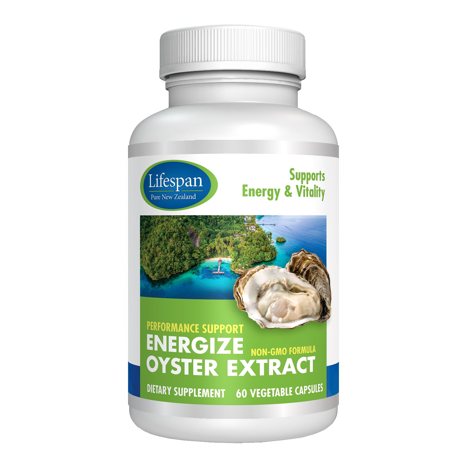 LIFESPAN Energize Extracto de Ostión: botella de cápsulas para energía diaria.