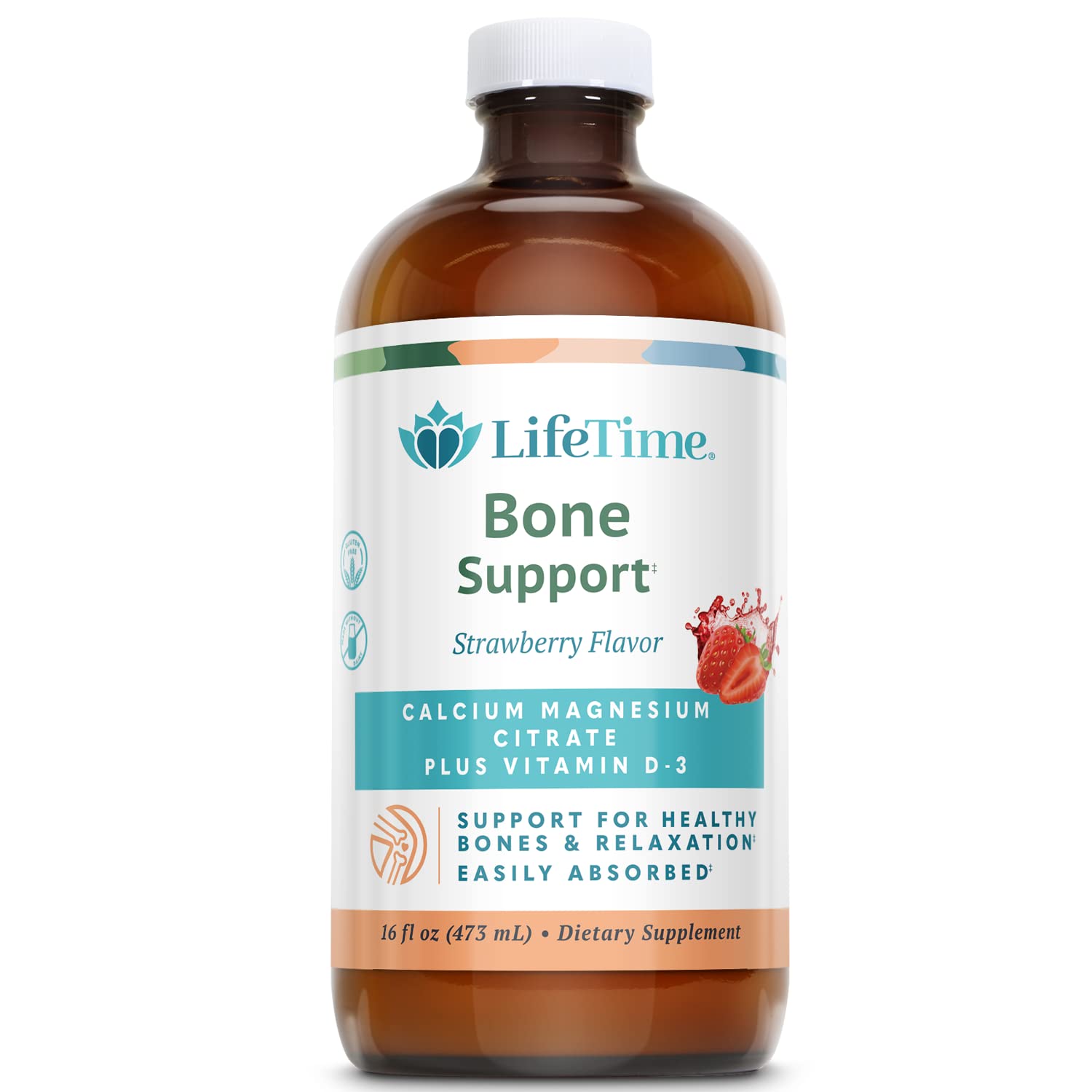 Botella LifeTime Calcium Magnesium con sabor a fresa para apoyar la salud ósea.